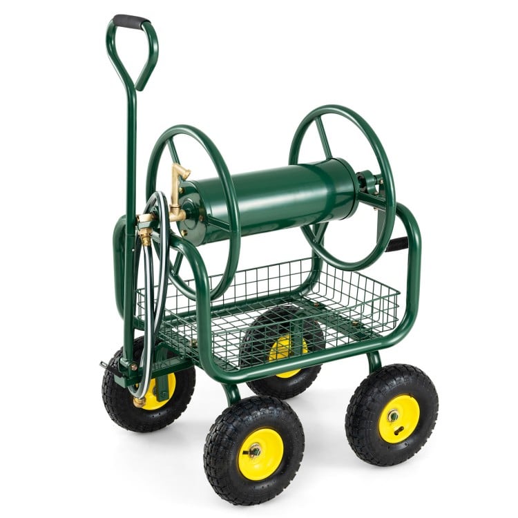 Garden Hose Reel Cart 300 Feet Large Capacity with 4 Wheels and Storage Basket