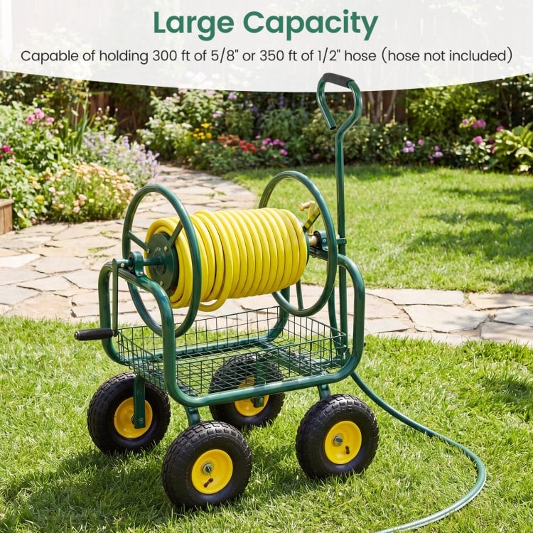 Garden Hose Reel Cart 300 Feet Large Capacity with 4 Wheels and Storage Basket