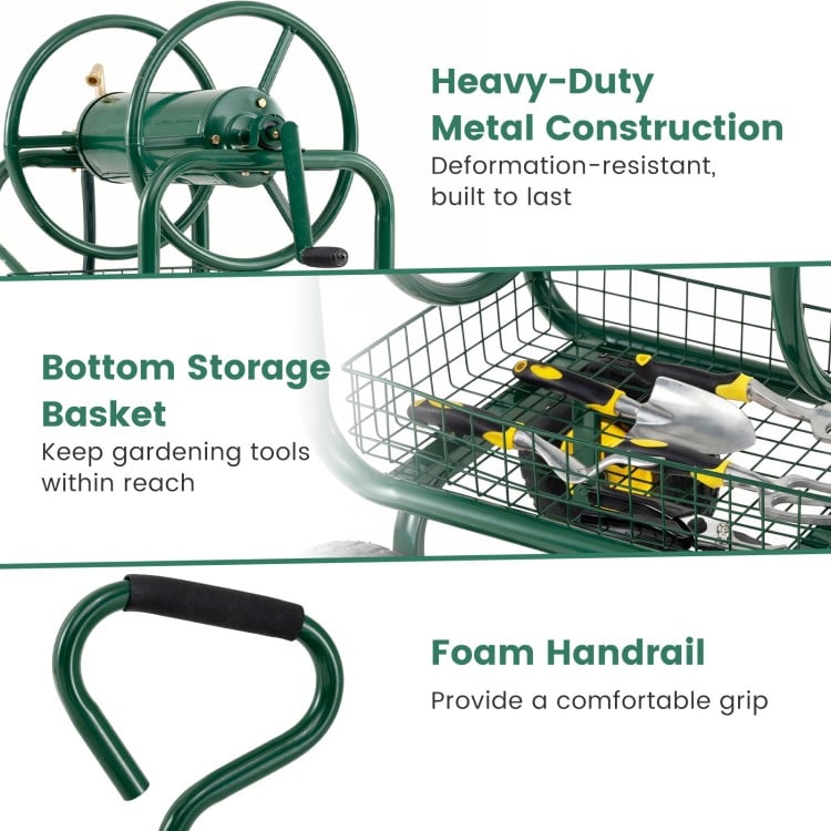 Garden Hose Reel Cart 300 Feet Large Capacity with 4 Wheels and Storage Basket