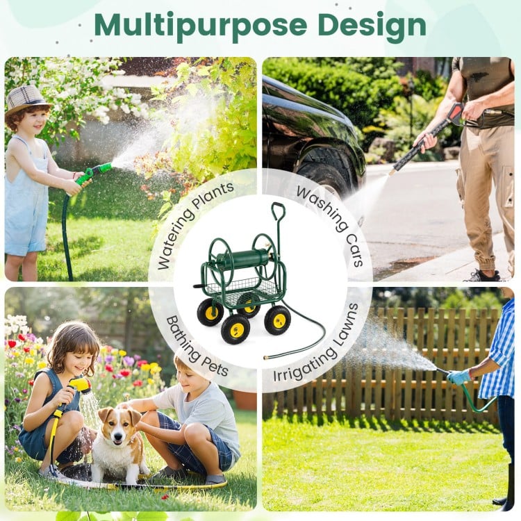 Garden Hose Reel Cart 300 Feet Large Capacity with 4 Wheels and Storage Basket