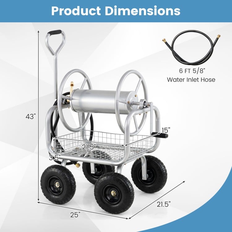 Garden Hose Reel Cart 300 Feet Large Capacity with 4 Wheels and Storage Basket