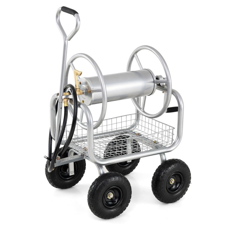 Garden Hose Reel Cart 300 Feet Large Capacity with 4 Wheels and Storage Basket