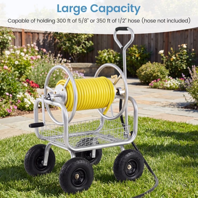 Garden Hose Reel Cart 300 Feet Large Capacity with 4 Wheels and Storage Basket