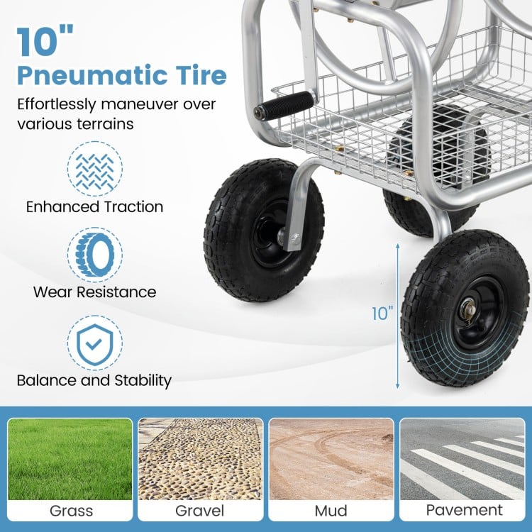 Garden Hose Reel Cart 300 Feet Large Capacity with 4 Wheels and Storage Basket