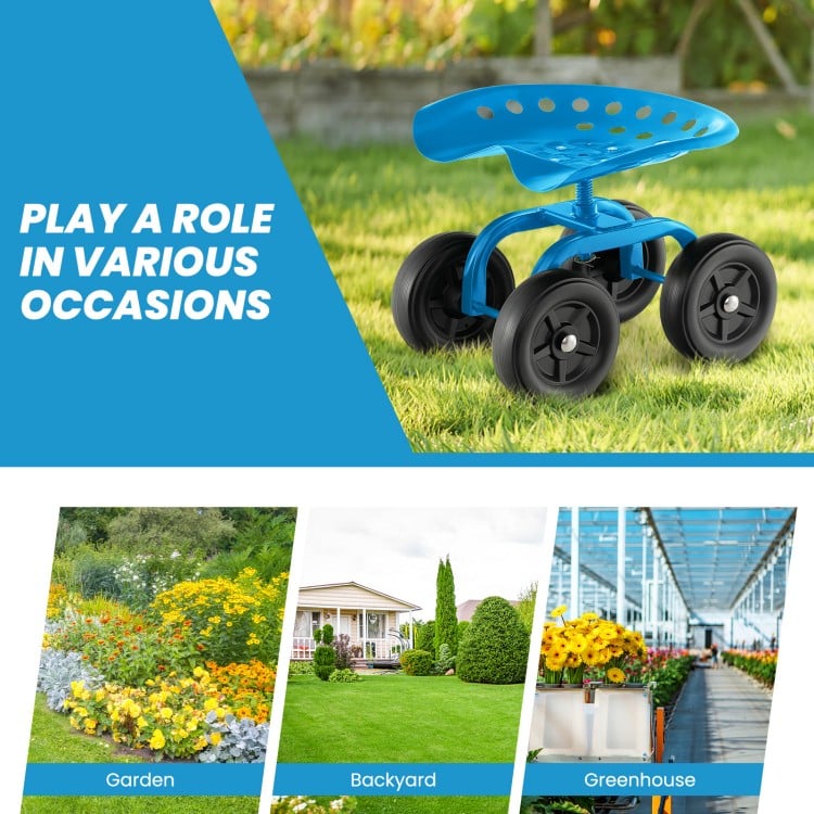 Garden Rolling Workseat with 360° Swivel Seat and Adjustable Height-Blue
