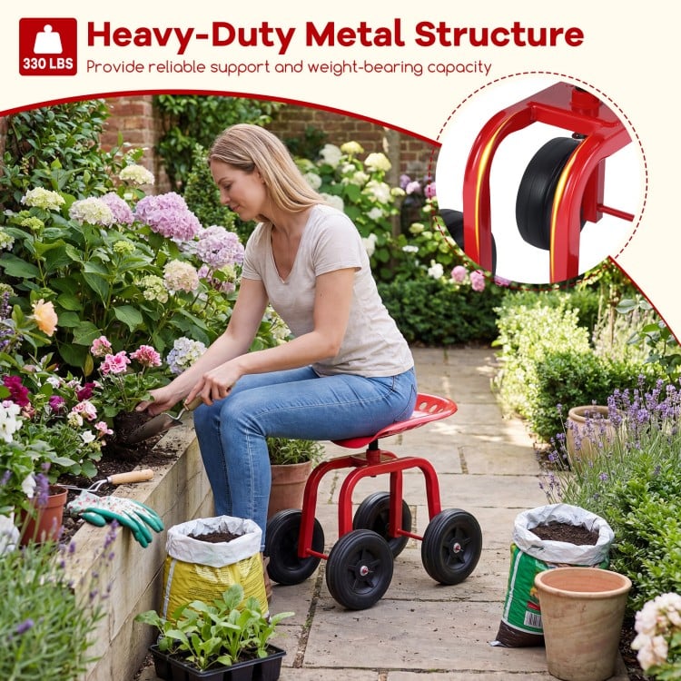 Garden Rolling Workseat with 360° Swivel Seat and Adjustable Height-Red