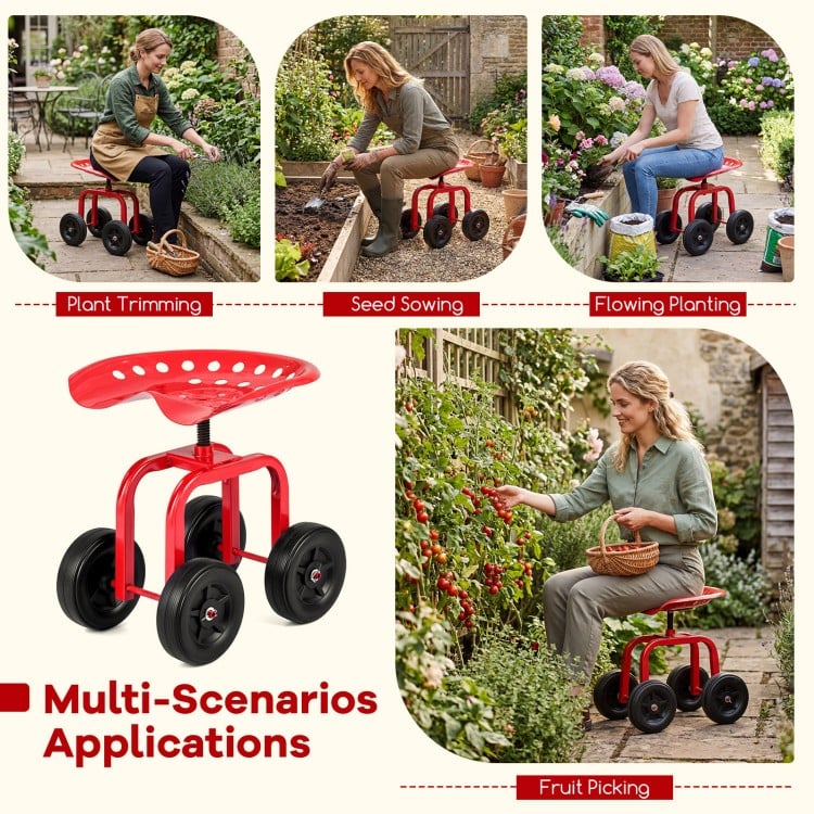 Garden Rolling Workseat with 360° Swivel Seat and Adjustable Height-Red