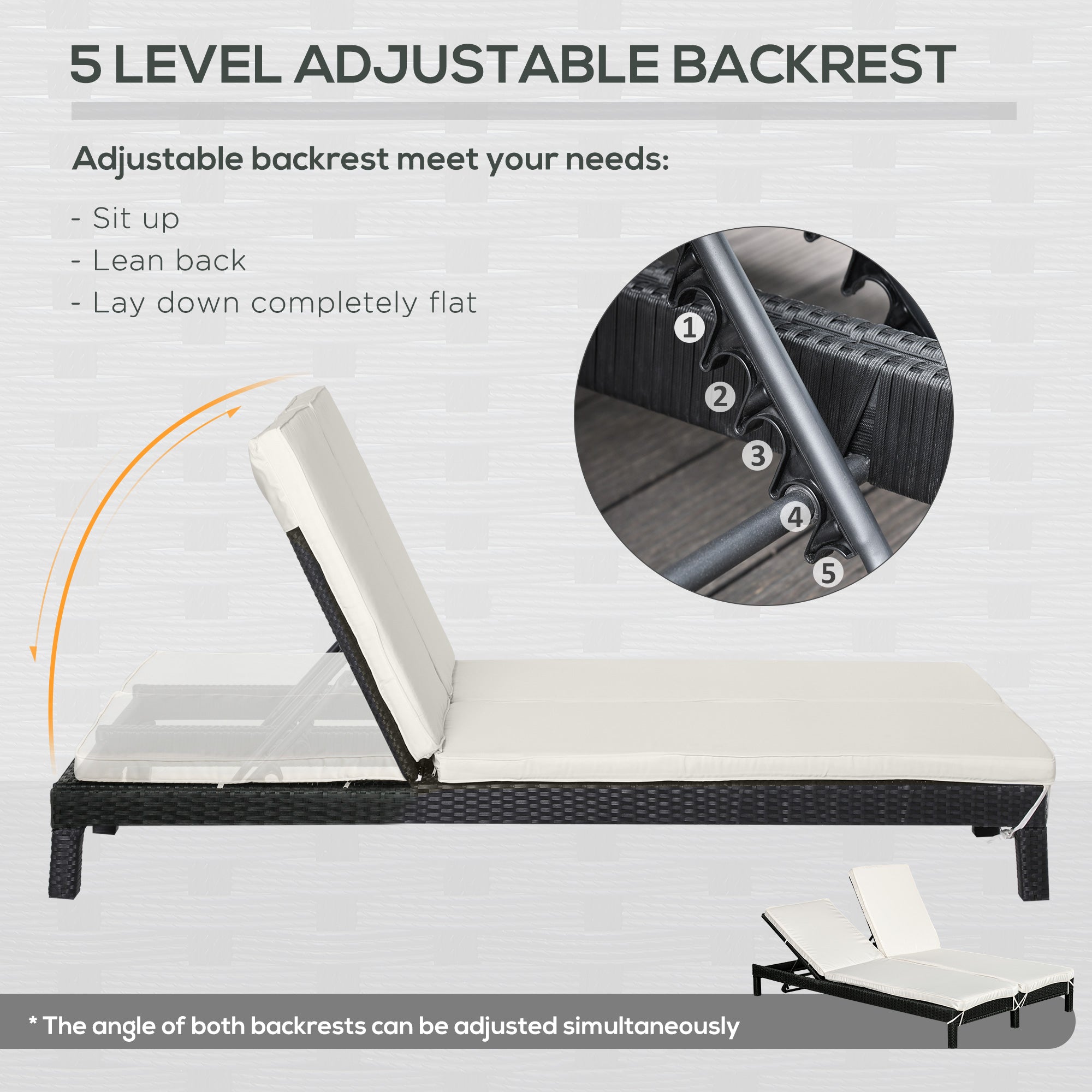 Outsunny Wicker Double Chaise Lounger Chair Outdoor Recliner 2 Person Rattan Patio Reclining Sunbed Furniture, Black, Cream White