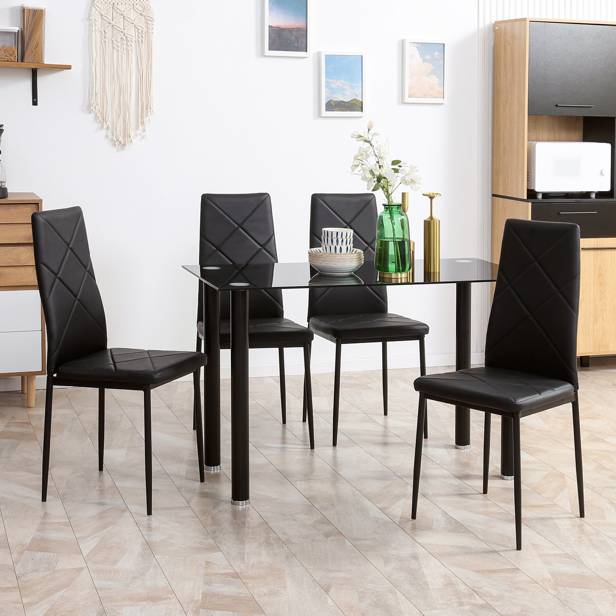 HOMCOM Dining Table and Chairs Set for 4, Modern 5 Pieces Kitchen Table Set with Glass Table, Padded Seat and Steel Frame