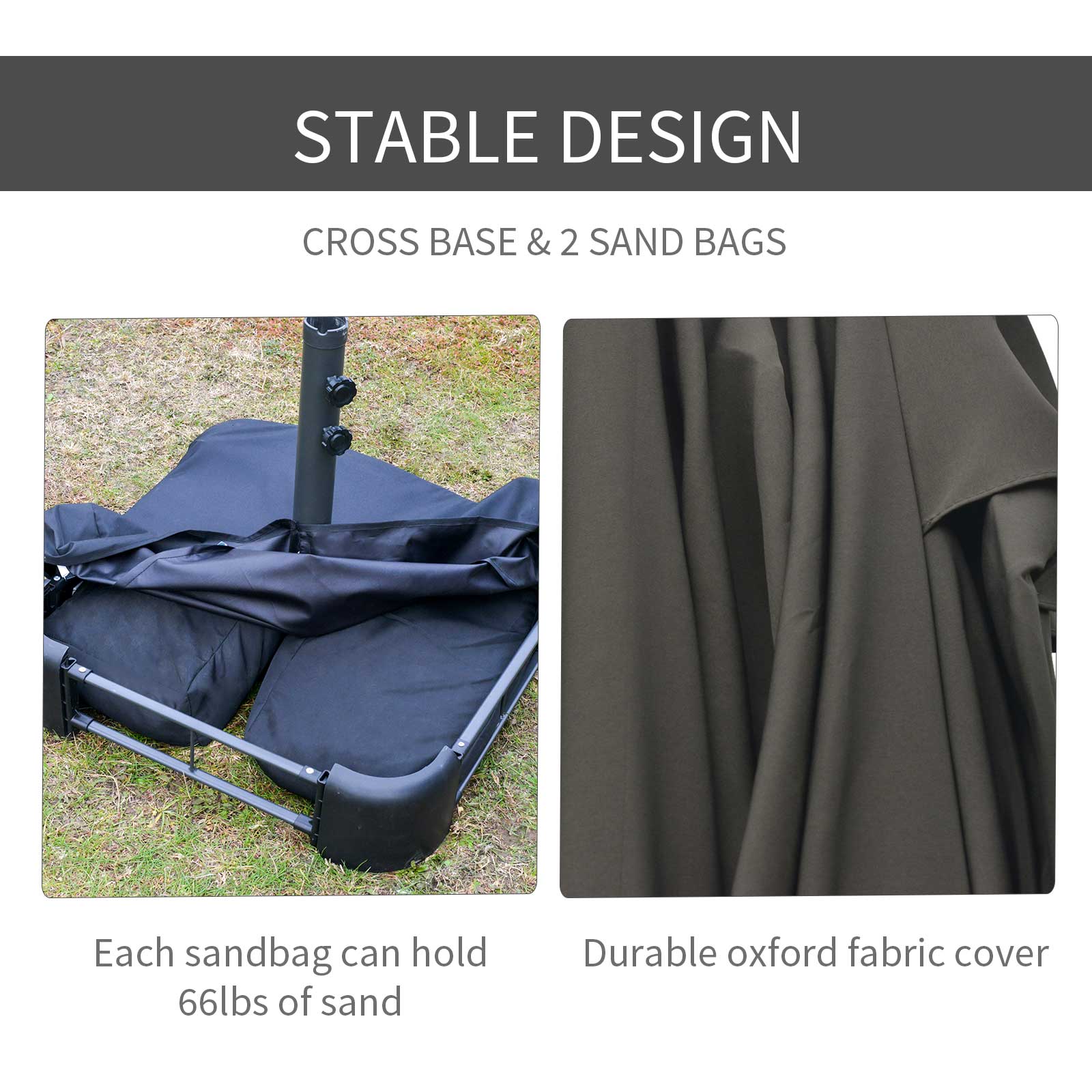 Outsunny 15' Double Canopy Patio Umbrella Sunshade w Lift Crank Cross Base Sandbag Dark Grey