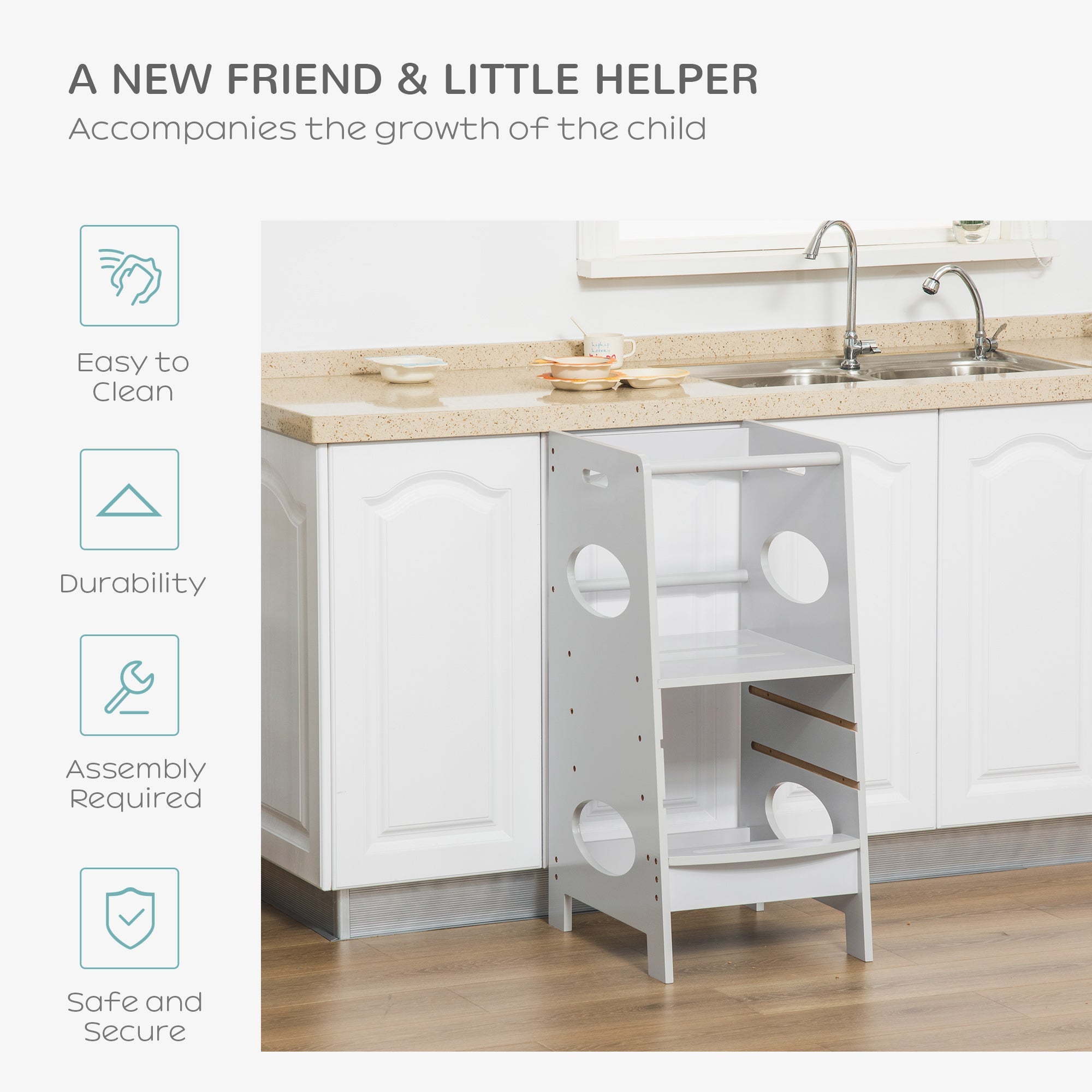 HOMCOM Adjustable Toddler Kitchen Step Stool with Safety Rail in Grey - Perfect for Little Helpers