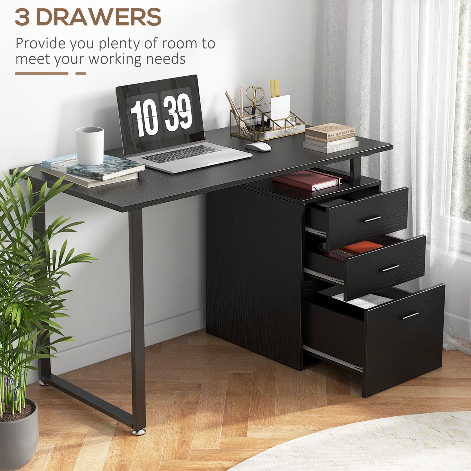 HOMCOM Elegant Office Desk: 47" Workstation with Drawers & File Cabinet for Home Office Study, Black Finish
