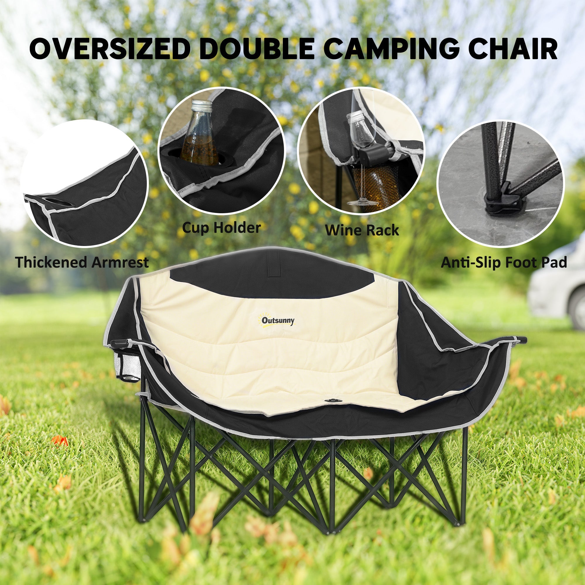 Outsunny Portable Camp Chair, Double Camping Chair with Cup Holders and Carry Bag, Support 551 lbs, Khaki