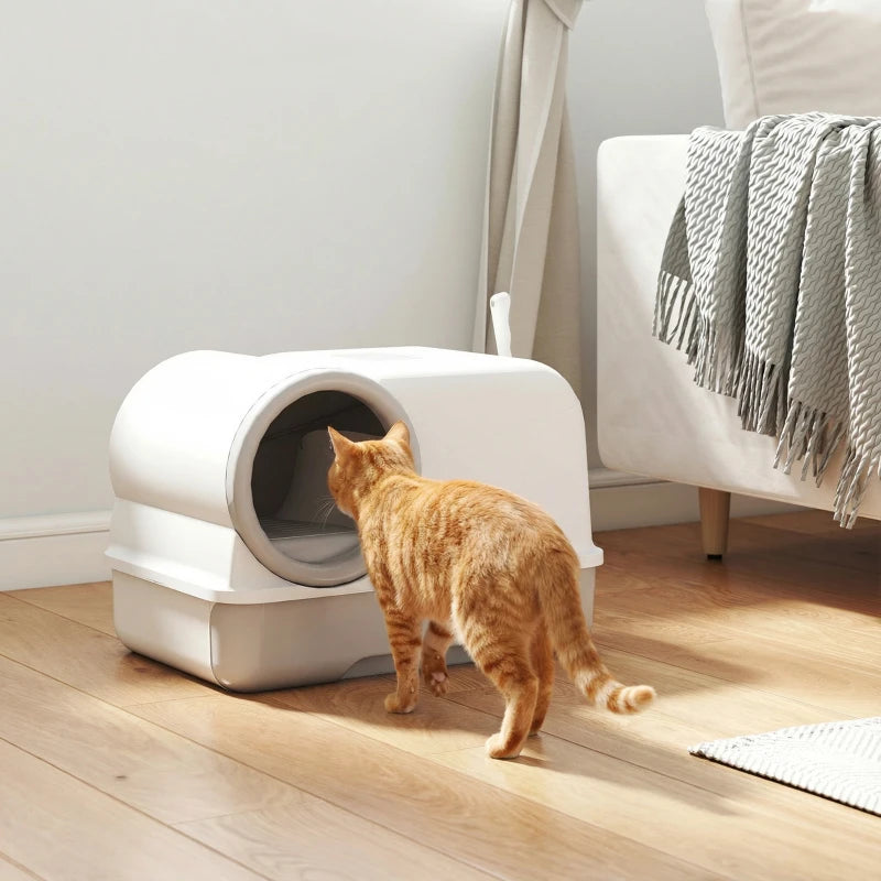 Cat Litter Box Easy Clean Drawer Odor Control Hooded Cat Litter Tray with Scoop White and Grey