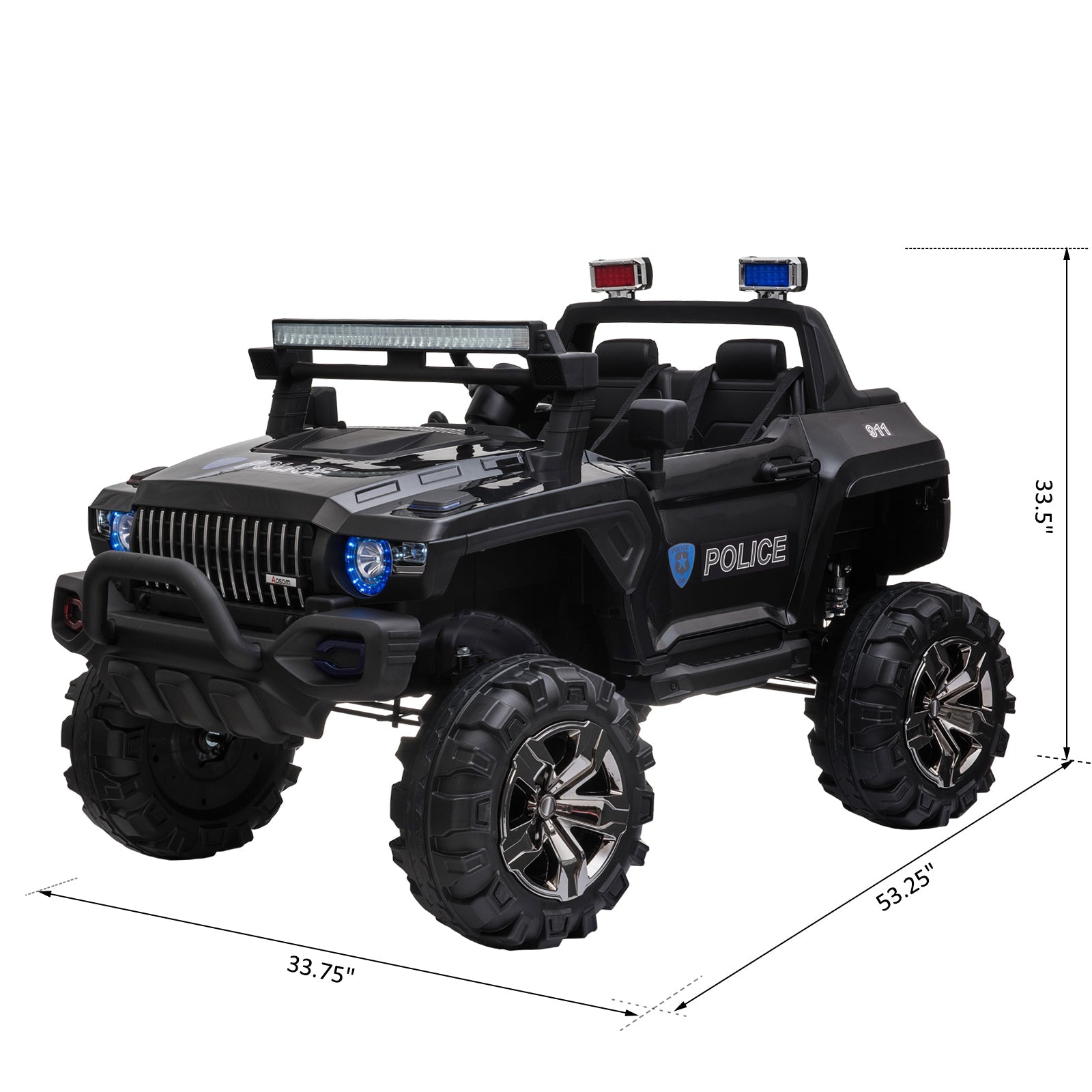 Aosom 12V Kids Police Truck Ride-On Car RC 2-Seater with LED Lights MP3 Parental Remote Control Black