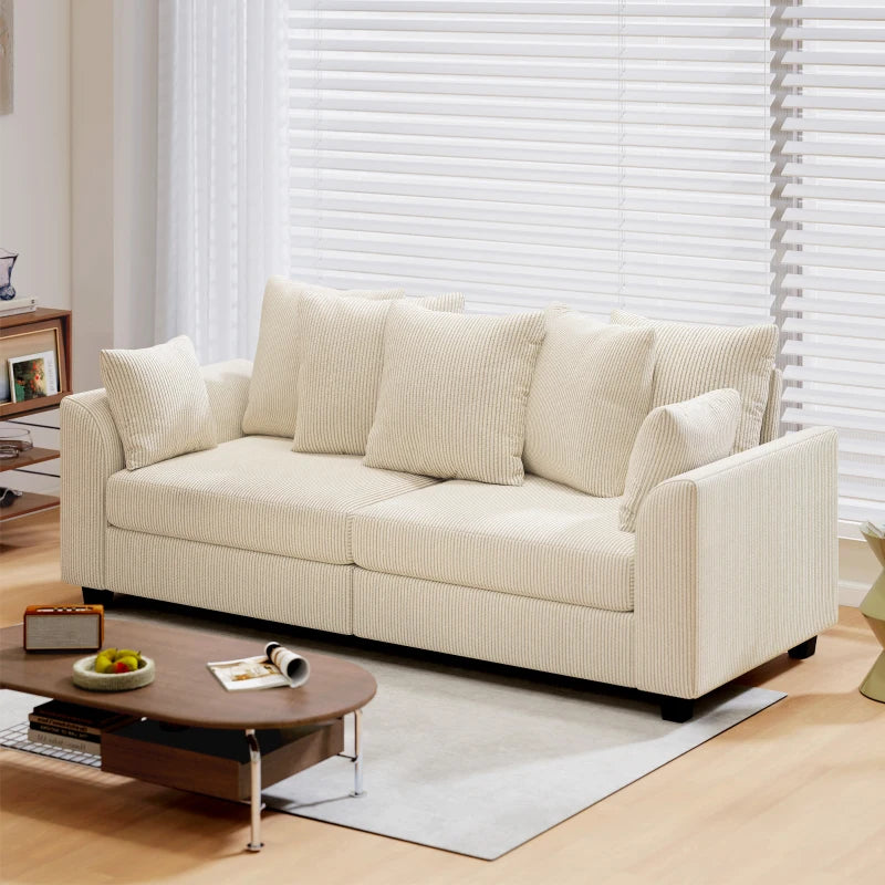 Corduroy Couch, 3 Seater Sofa, Modern Upholstered Couch with Curved Armrests and 8 Removable Pillows, Beige