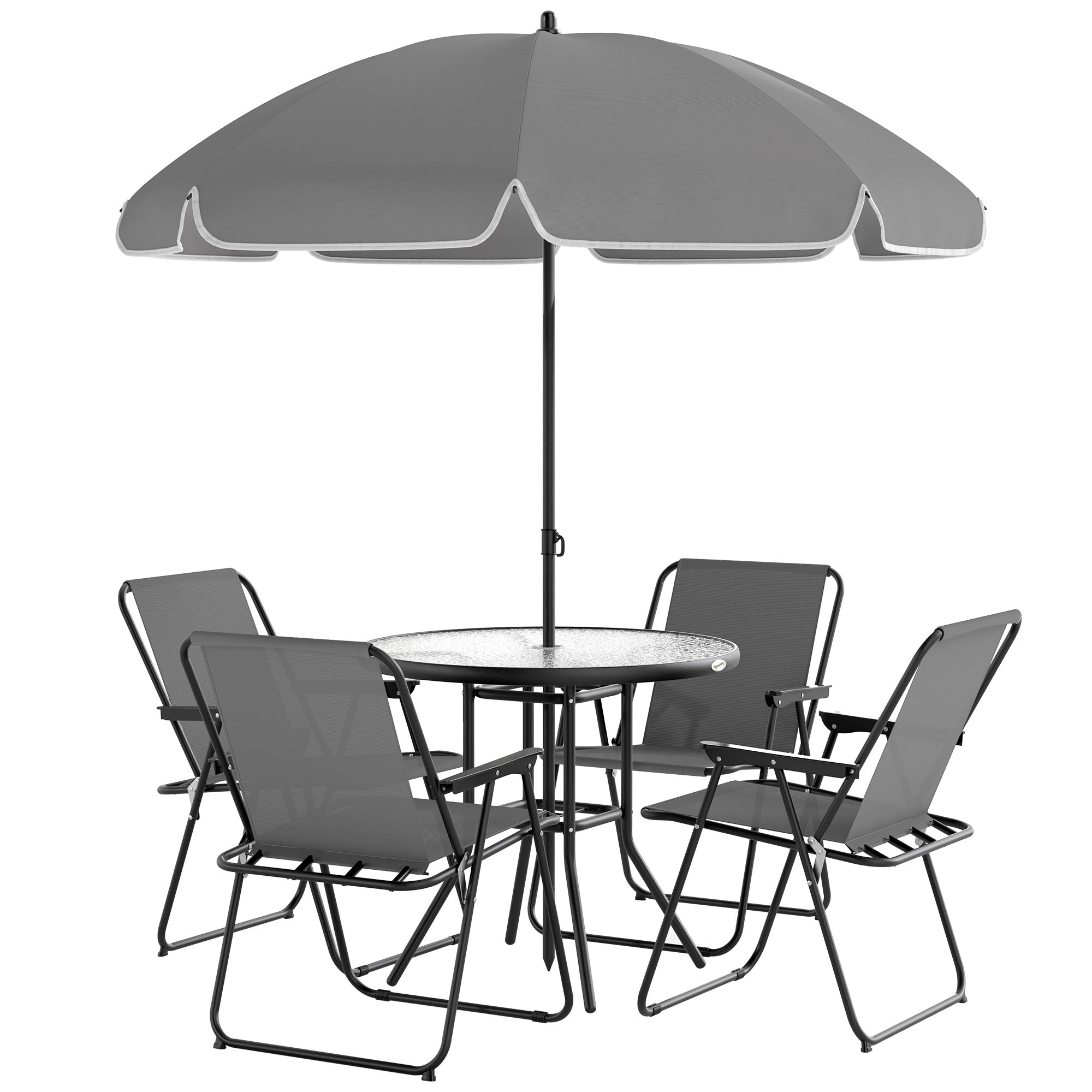 Outsunny 6 Pieces Patio Dining Set with Umbrella, Patio Furniture Set with Folding Chairs, Glass Table for Garden Backyard, Grey