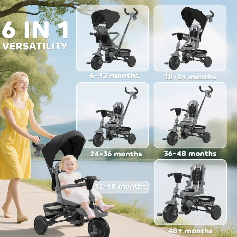 Qaba 6 in 1 Toddler Tricycle for 1-5 Years Old with Push Handle, Removable Canopy, Rotatable Seat, Black