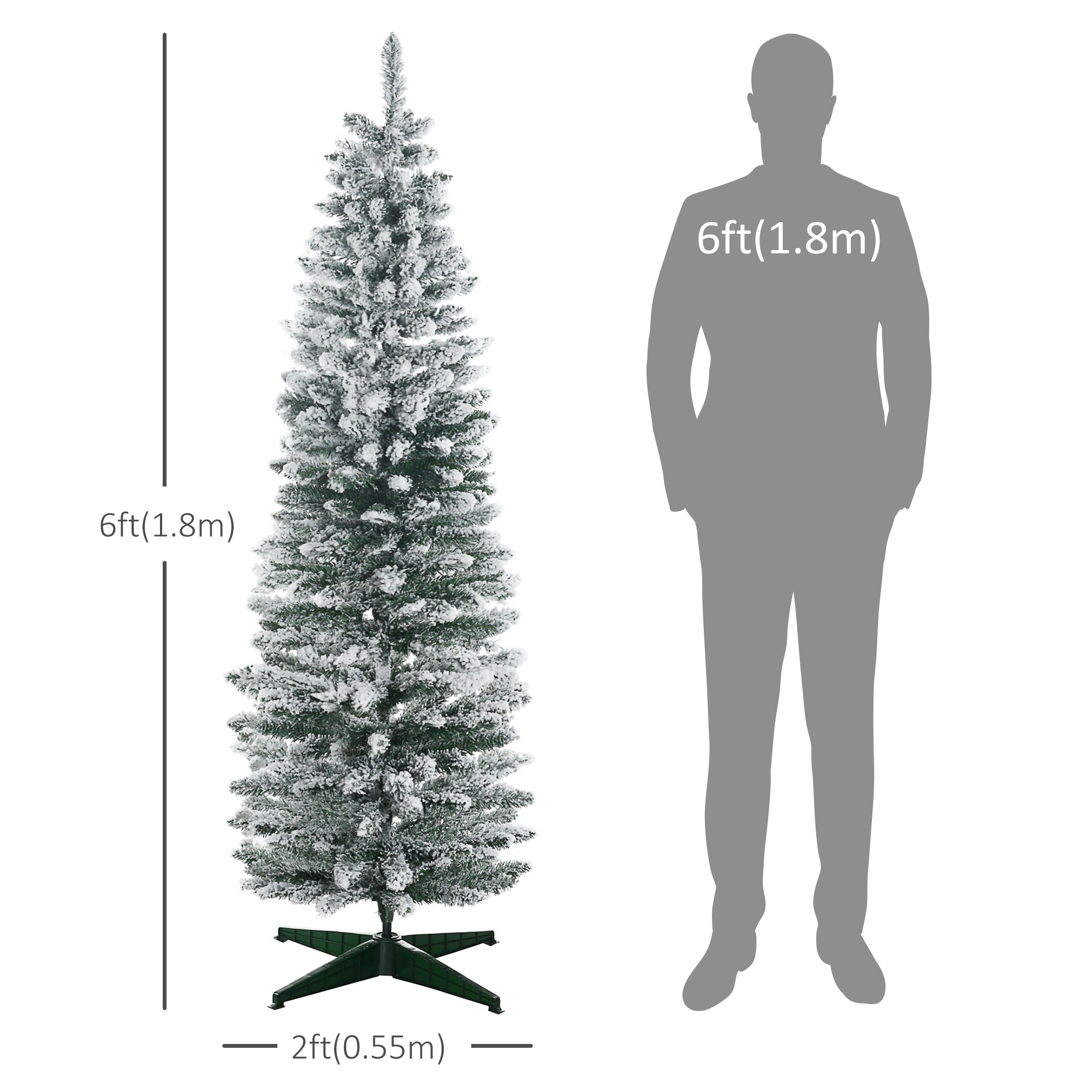 HOMCOM 6ft Tall Pencil Artificial Christmas Tree, Holiday Décor with 390 Snow Flocked Branches, Green