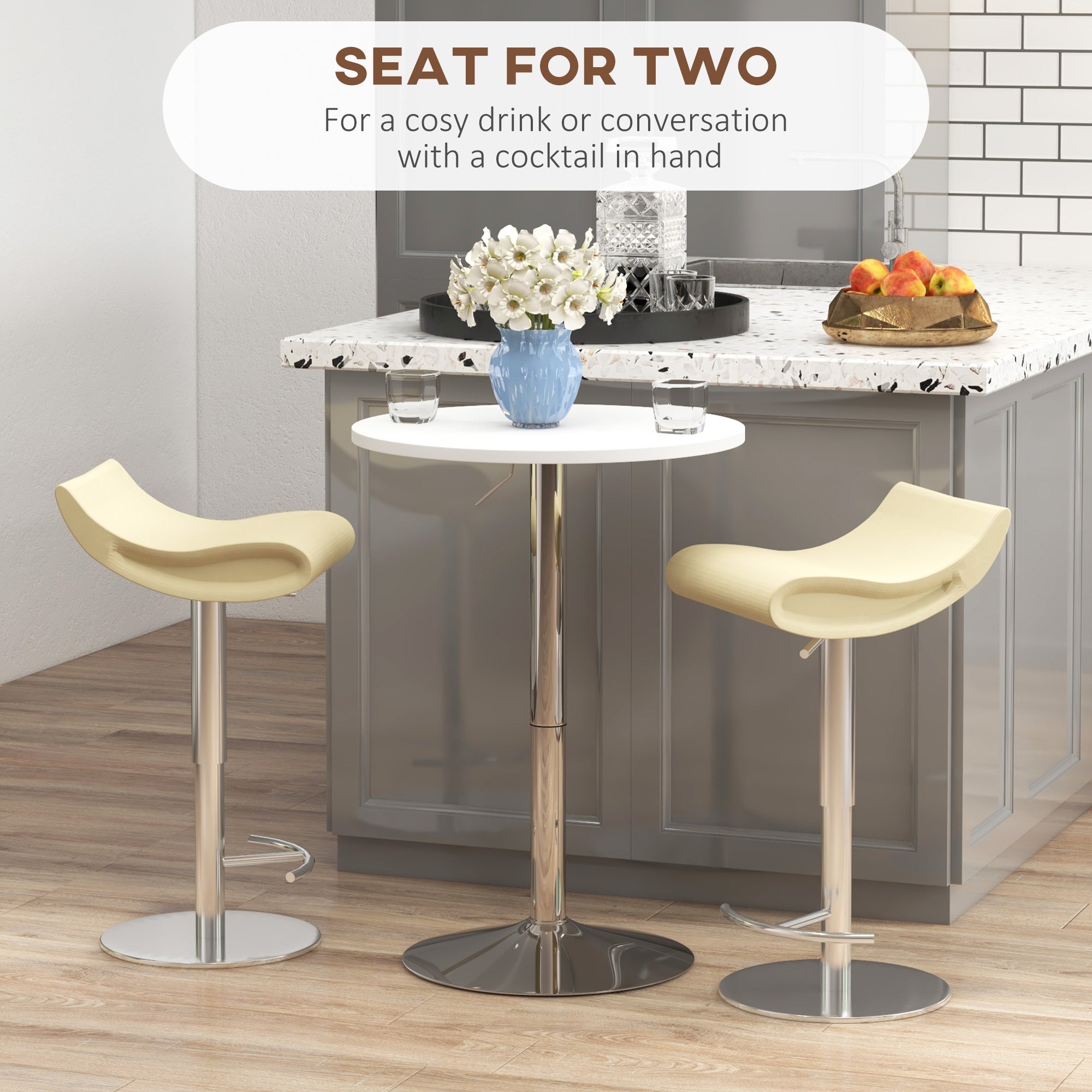 HOMCOM Swivel Simplicity: Adjustable High Top Bar Table, White Round Steel Base Bistro Style for 2 People