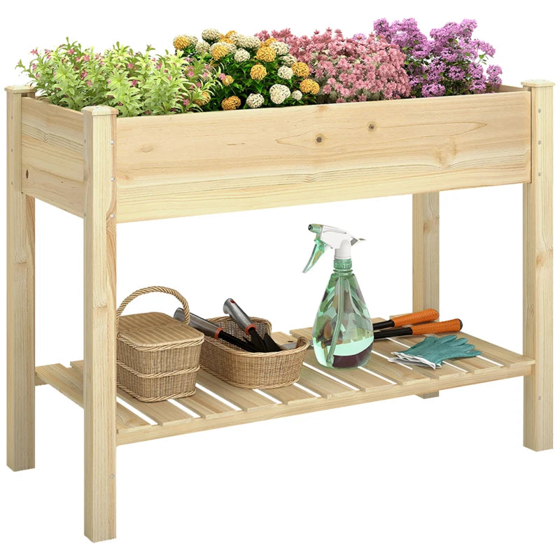 Elevated Planter Box with Legs and Storage Shelf, Raised Garden Bed, Elevated Wooden Planter Box, Natural