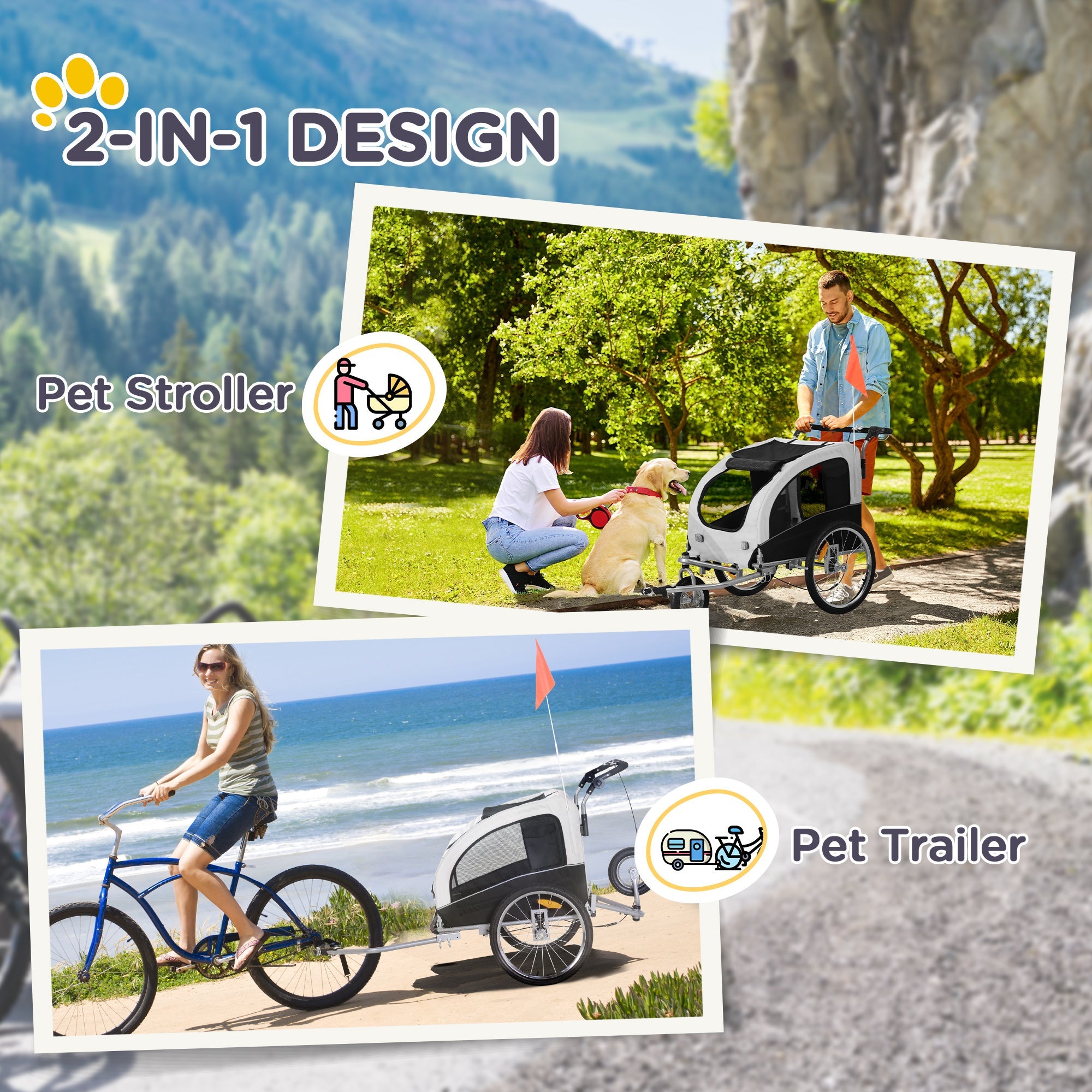 Aosom Elite II Dog Bike Trailer 2-In-1 Pet Stroller Cart Bicycle Wagon Cargo Carrier Attachment for Travel, White