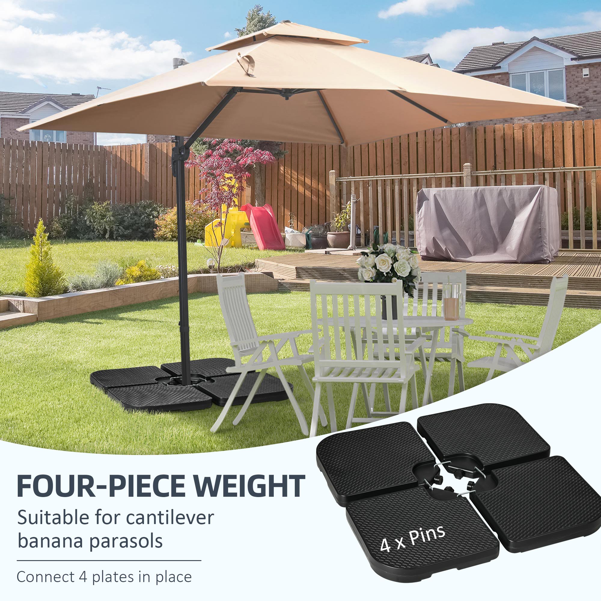 Outsunny Cantilever Umbrella Base Weights: 4PCs HDPE Water/Sand Fill with Handles for Offset Banana Parasol, Black