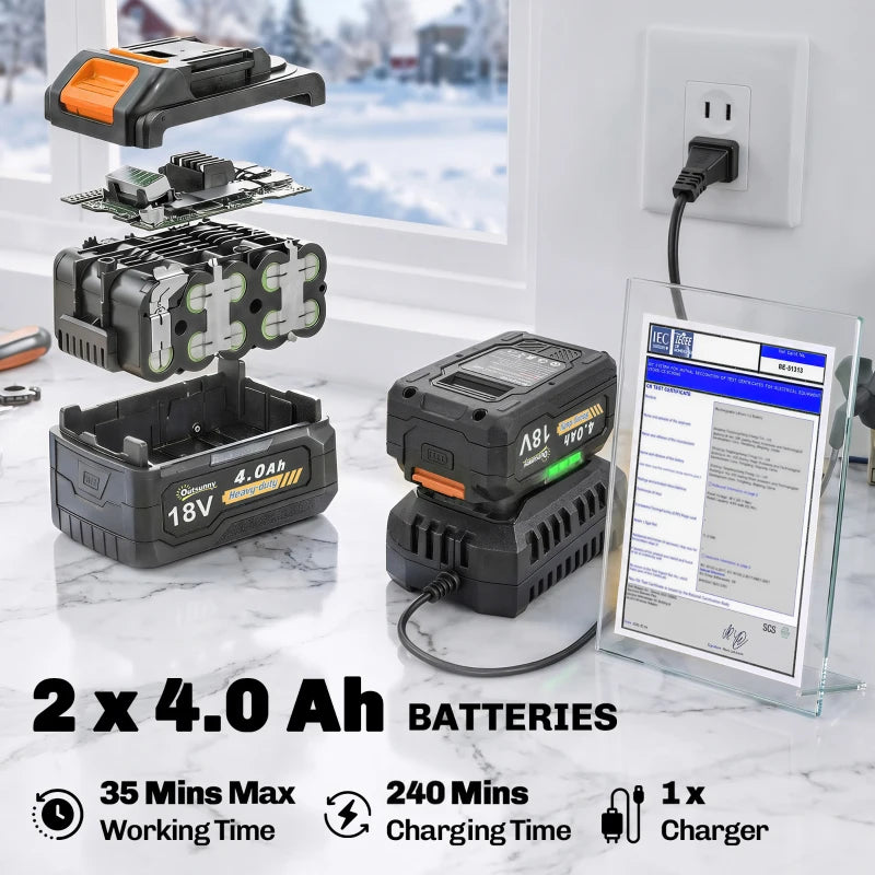 40V 18" Cordless Snow Blower with 1400W Brushless Motor, 2 Batteries & Fast Charger