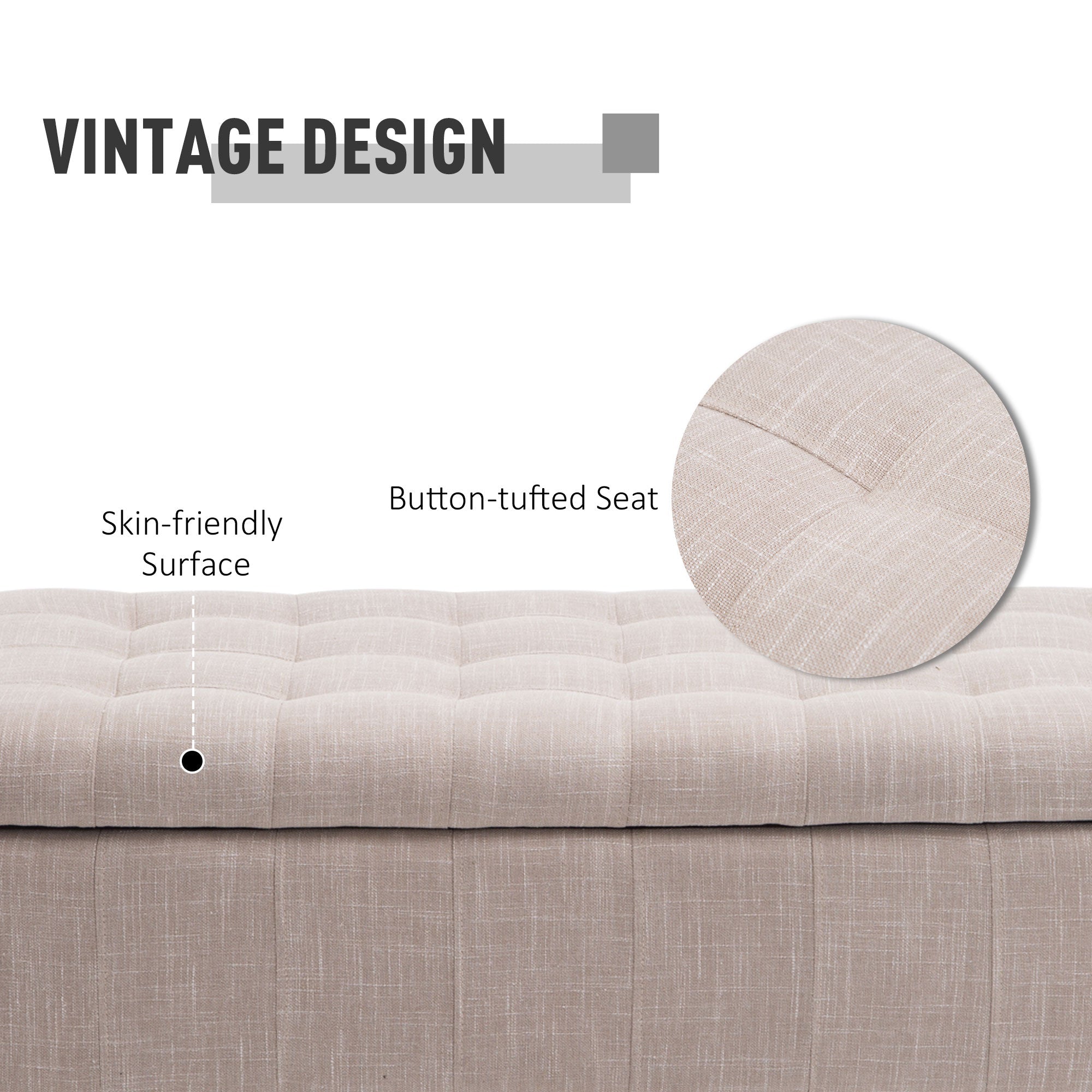 HOMCOM Linen Storage Ottoman: Button-Tufted Design, Soft-Close Lid for Living Spaces, Beige