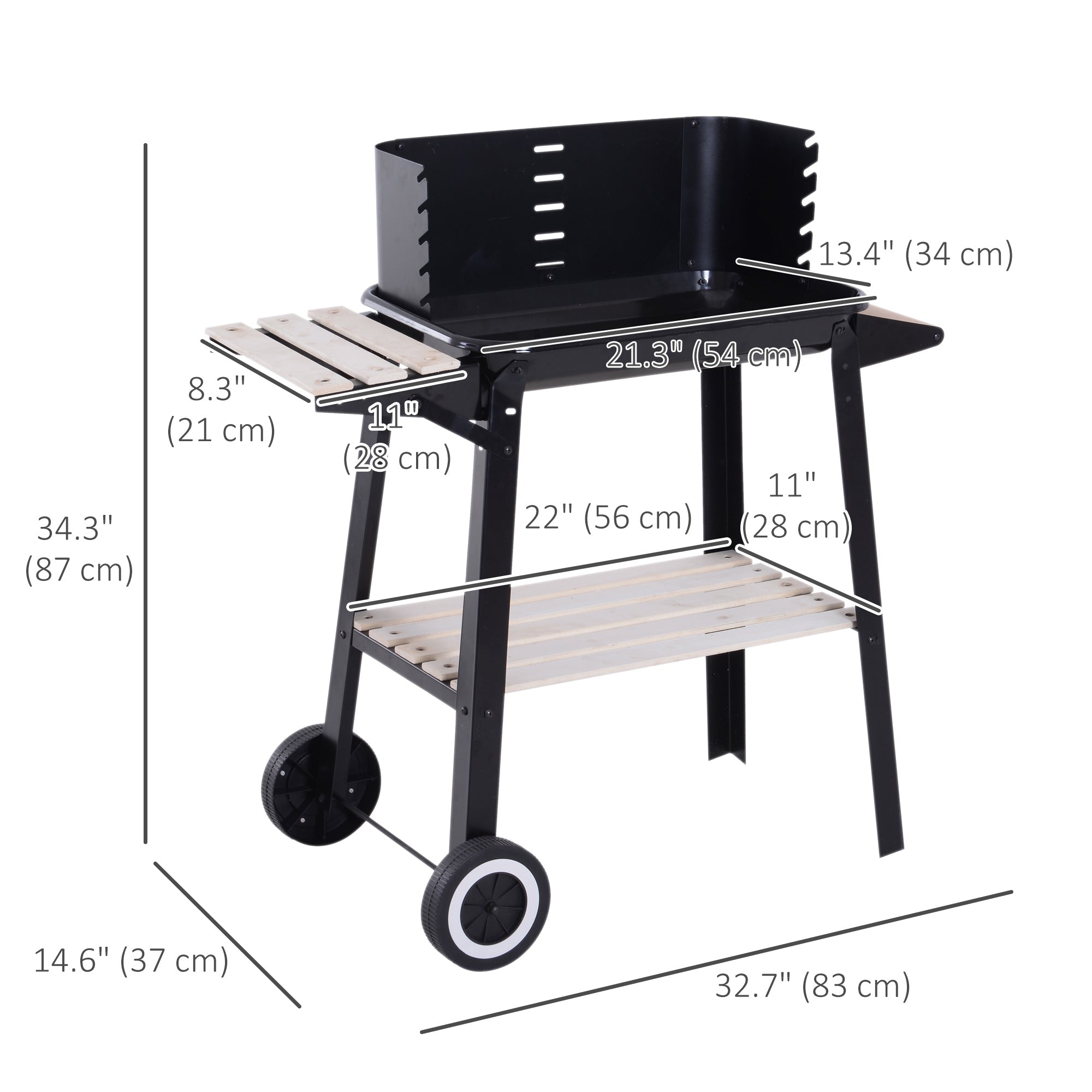 Outsunny Charcoal BBQ Grill Trolley with Side Trays & Storage - Outdoor Patio Garden Smoker, Heating, Portable with Wheels