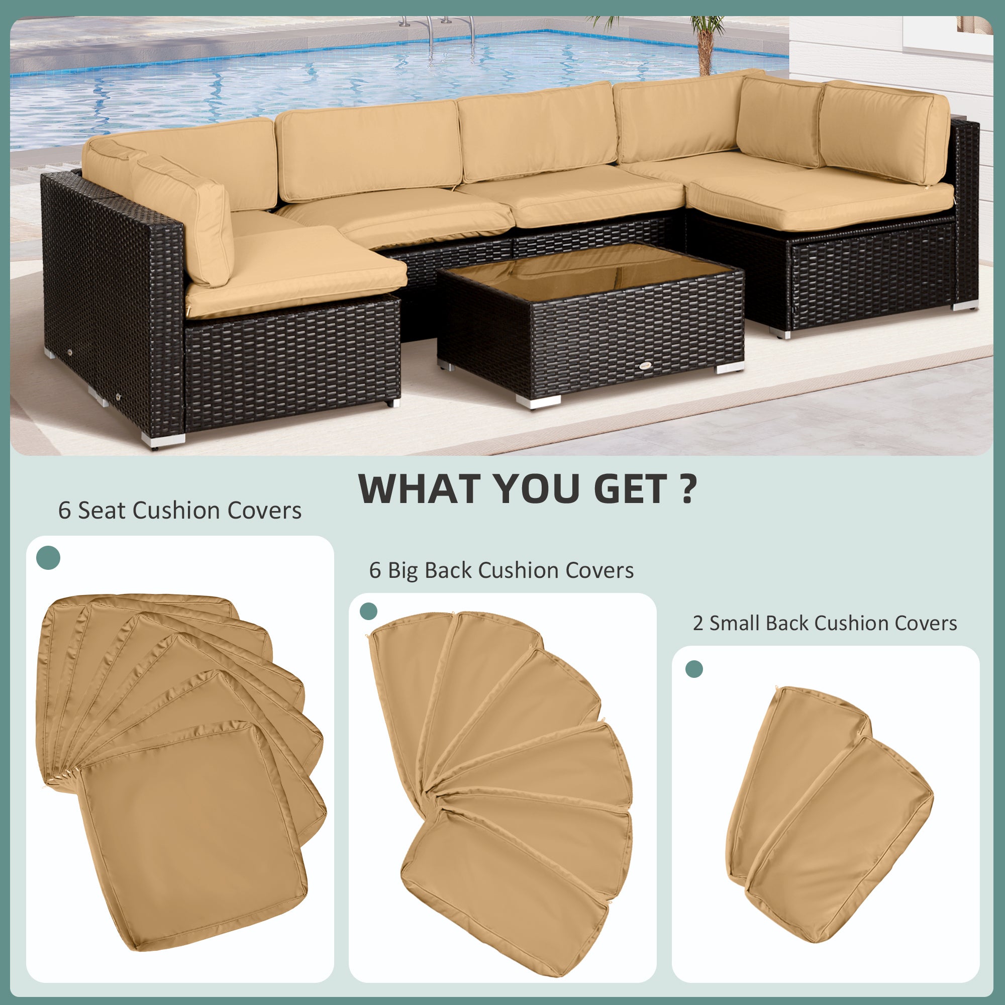 Outsunny 14pc Beige Patio Rattan Sofa Set Outdoor Cushion Cover Replacement Set Polyester Fabric
