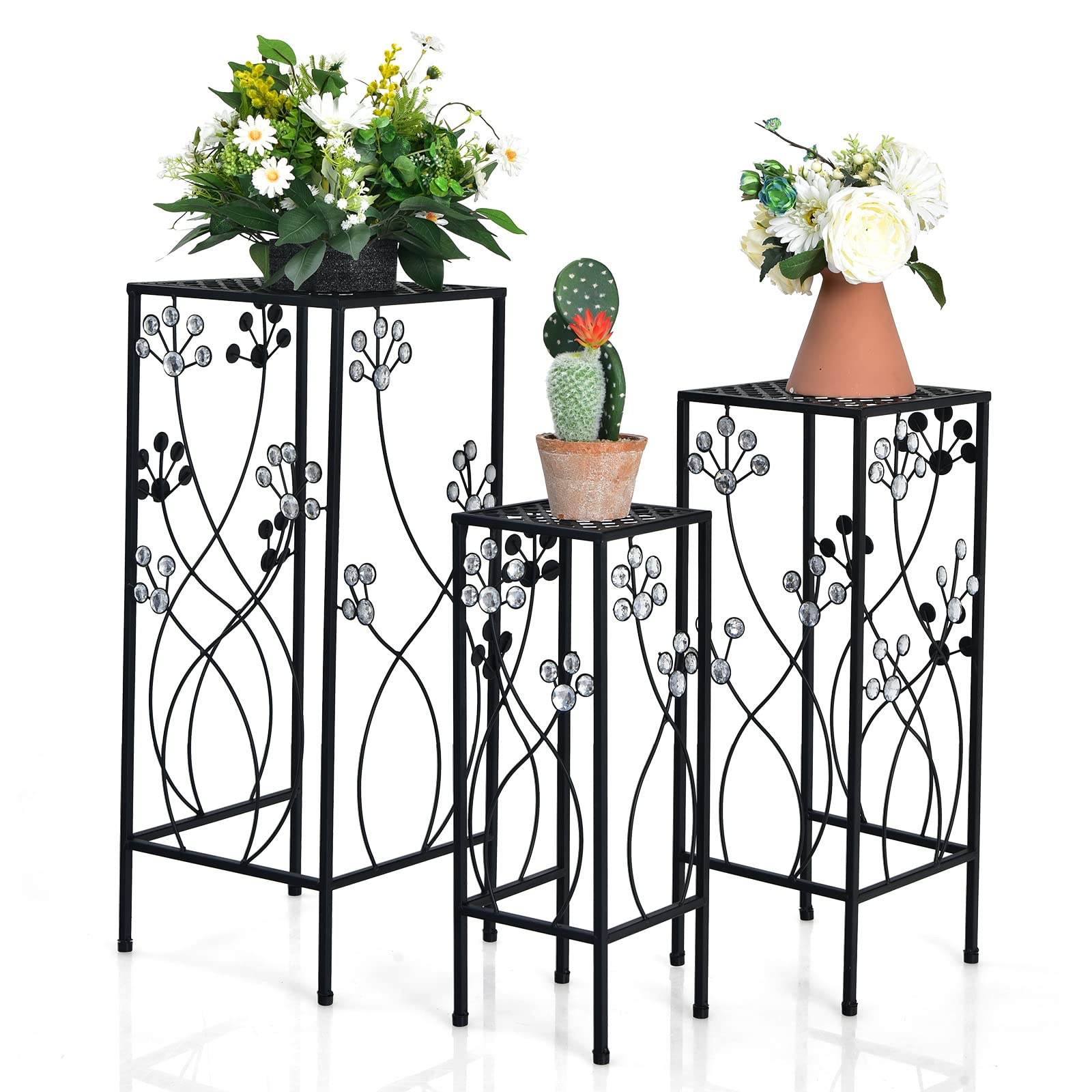 3 Pieces Flower Pots Display Rack with Vines and Crystal Floral Design