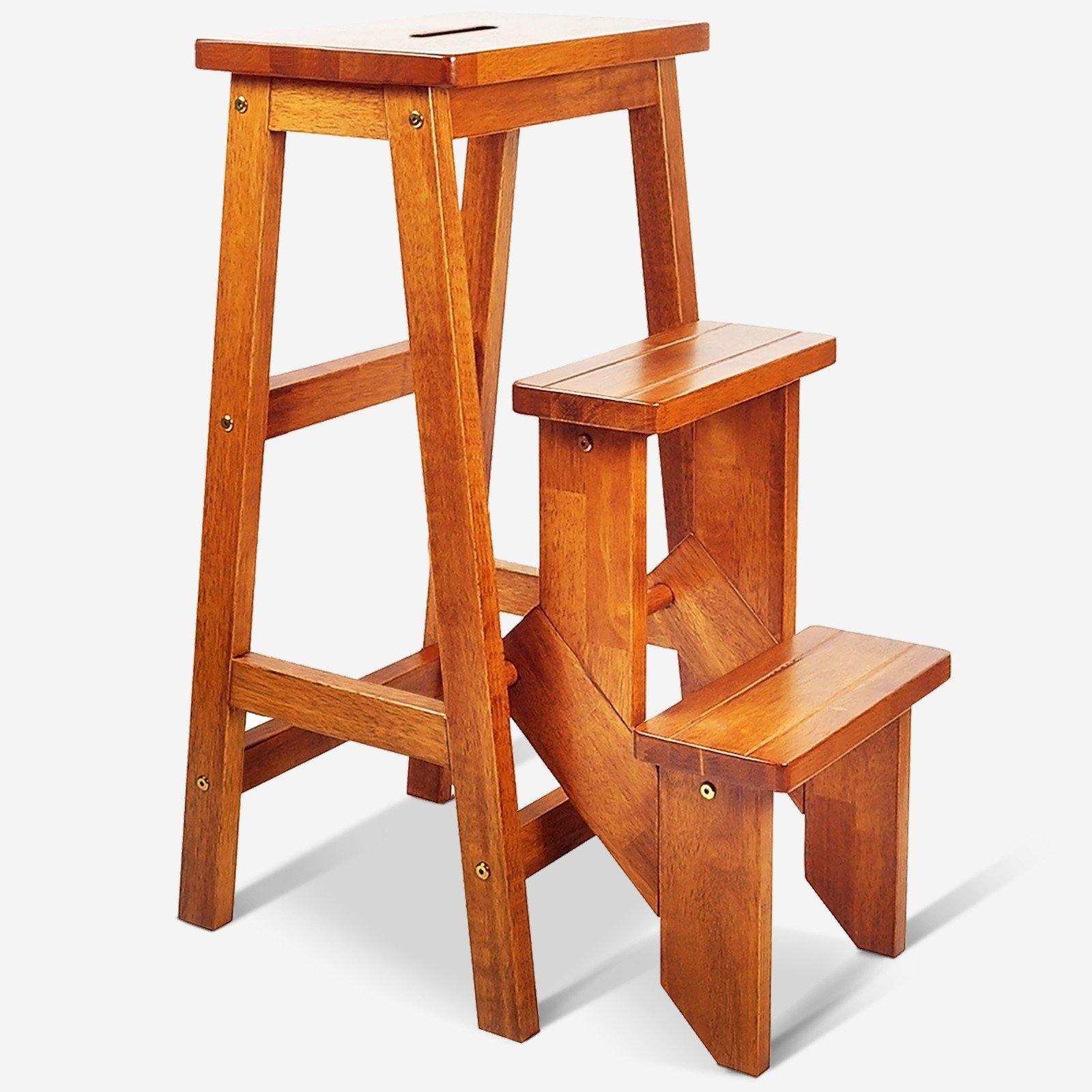 3 Tier Folding Step Ladder, Multifunction 3-in-1 Wood Step Stool