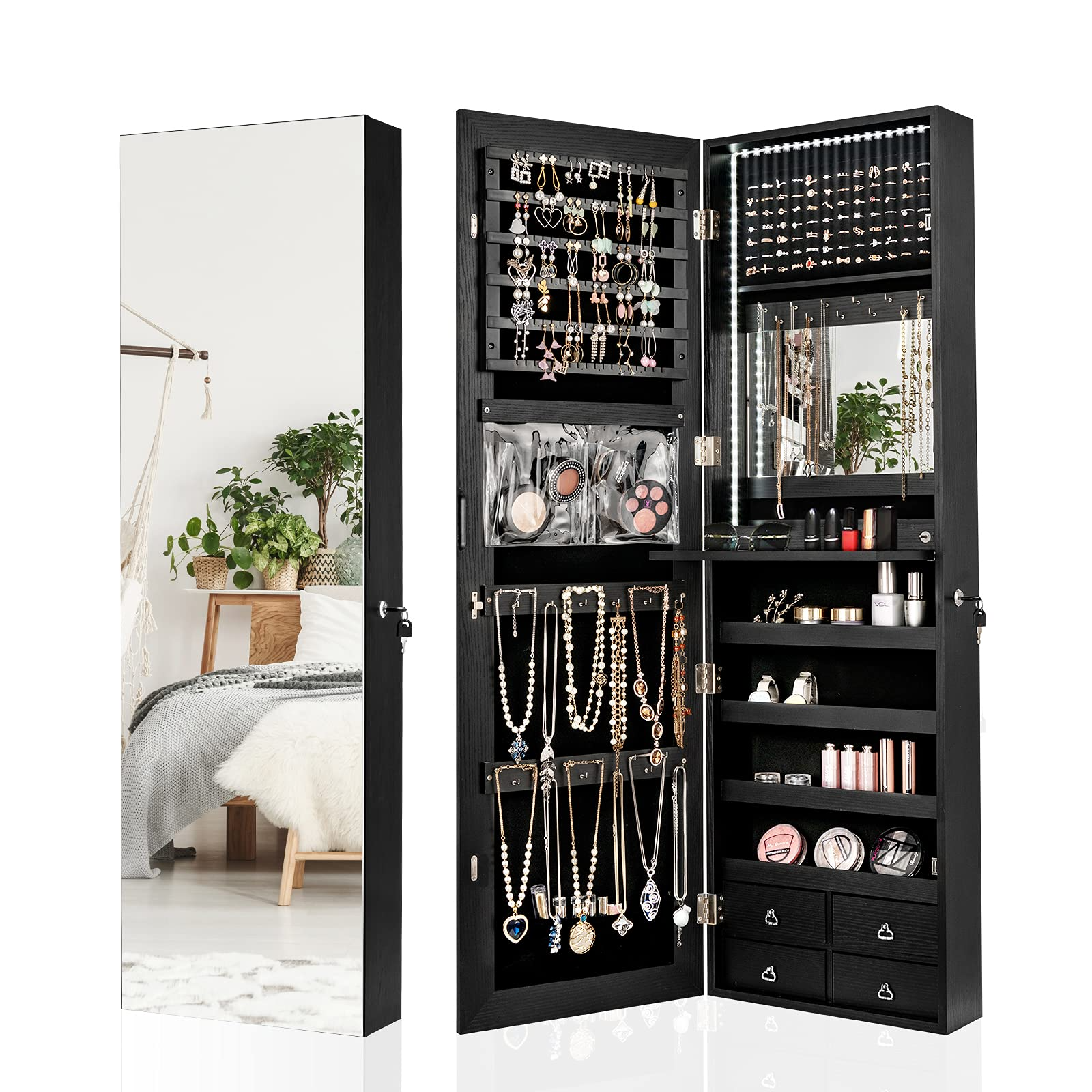 CHARMAID LED Strip Jewelry Armoire with 47.2" H Full Length Mirror