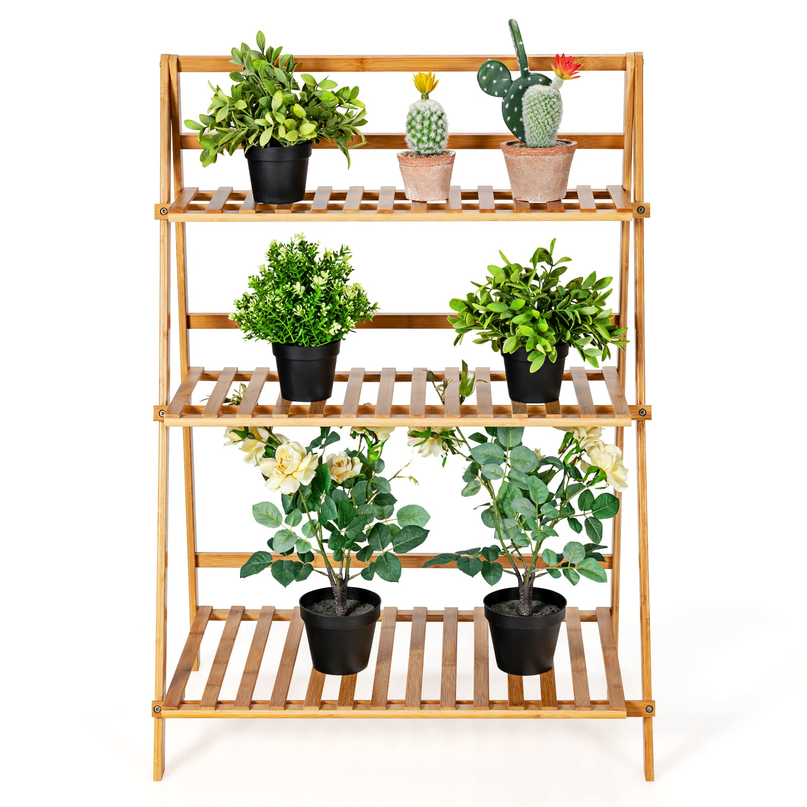 Giantex 3 Tier Folding Storage Shelf, Bamboo Ladder Plant Stand