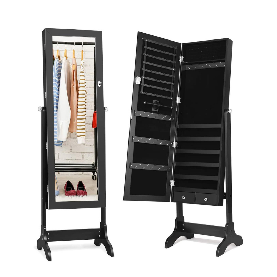 Lockable Standing Jewelry Armoire with Full Length Mirror