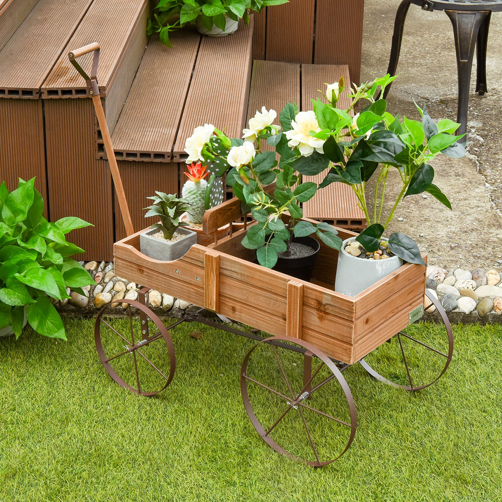 Giantex Decorative Garden Planter, Small Wagon Cart with Metal Wheels, Wood Raised Beds Plant Pot Stand for Backyard Garden Patio 24.5"x13.5"x24"