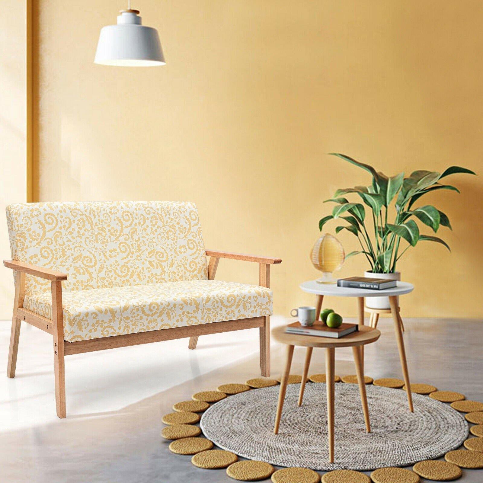 Giantex Mid-Century Wooden Loveseat, Upholstered Wooden Lounge Accent Chair