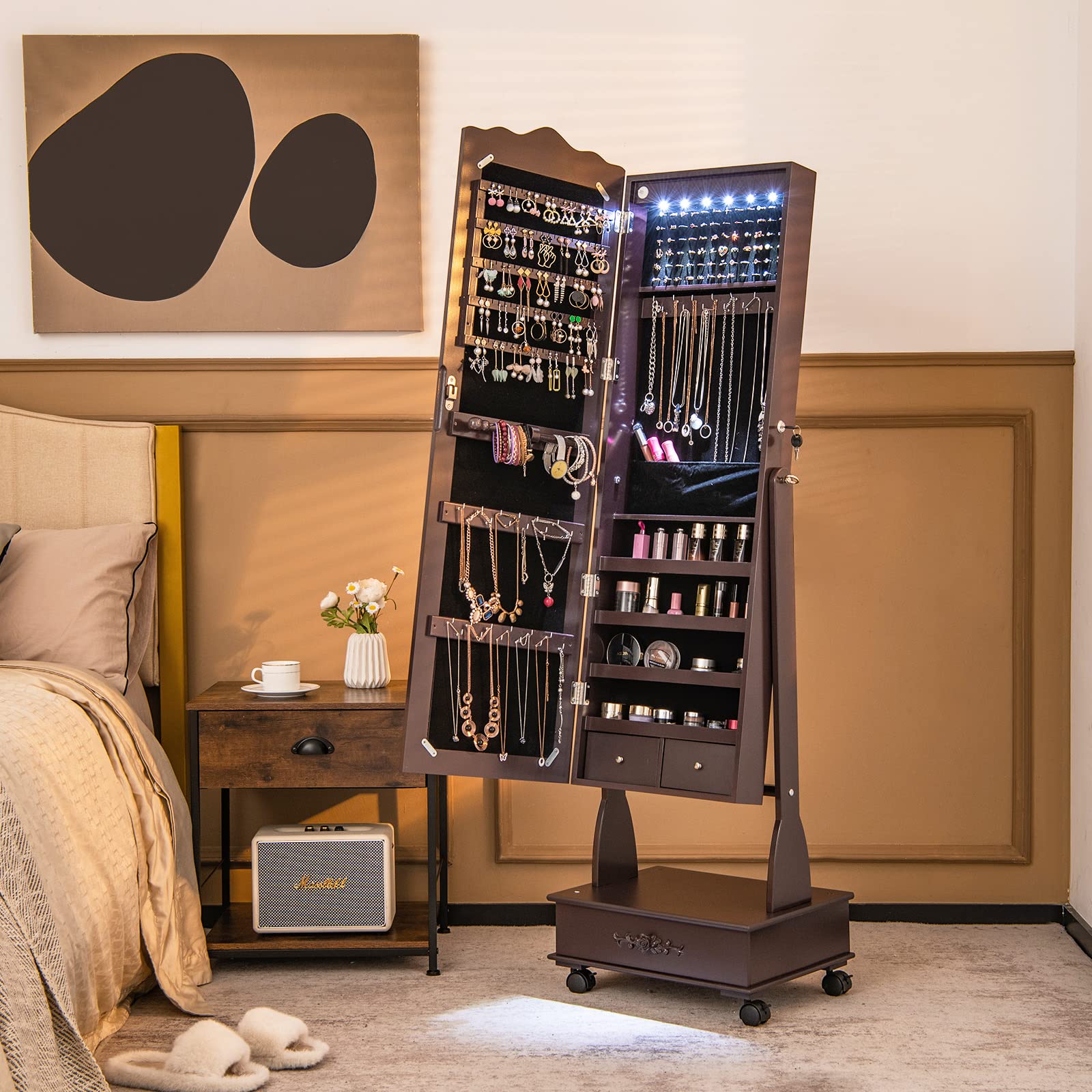 CHARMAID 6 LEDs Rolling Jewelry Cabinet with High Full Length Mirror, Lockable Standing Jewelry Armoire with Wheels