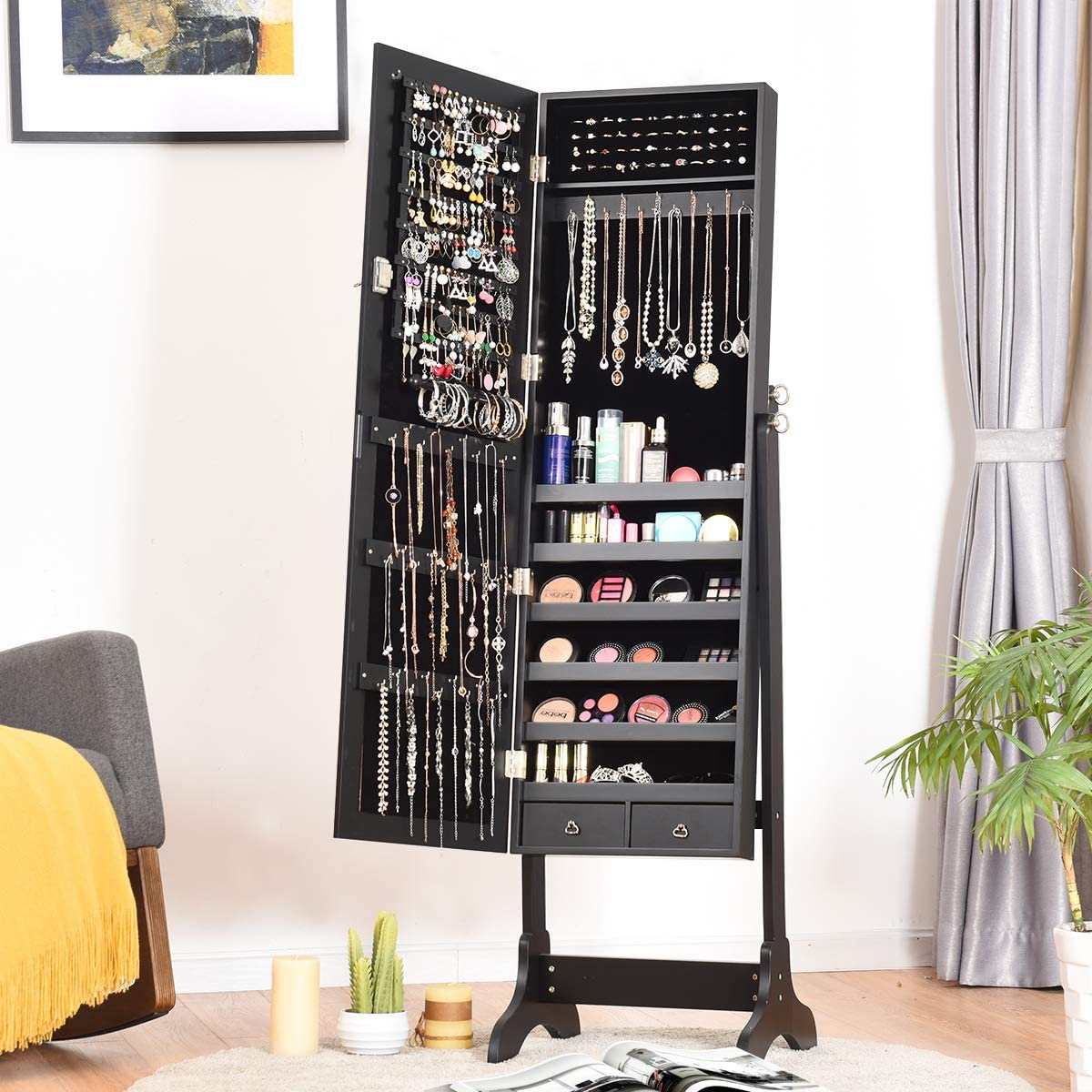 Lockable Standing Jewelry Armoire with Full Length Mirror