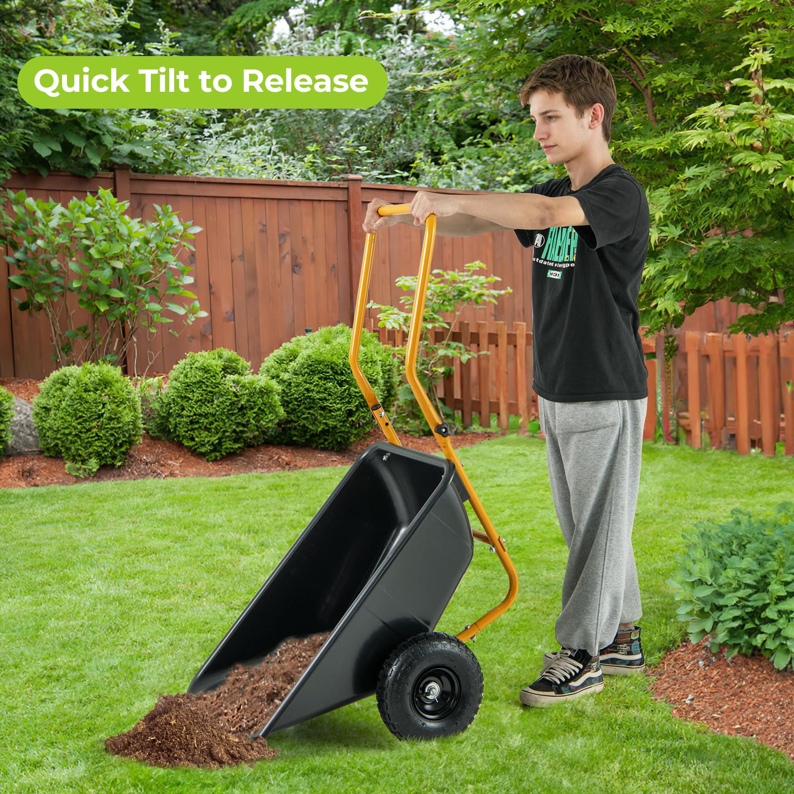 Giantex Dual-Wheel Wheelbarrow, Heavy-Duty Garden Utility Cart with Built-in Stand, Pneumatic Tires, 330 Lbs Capacity, Foldable Handle