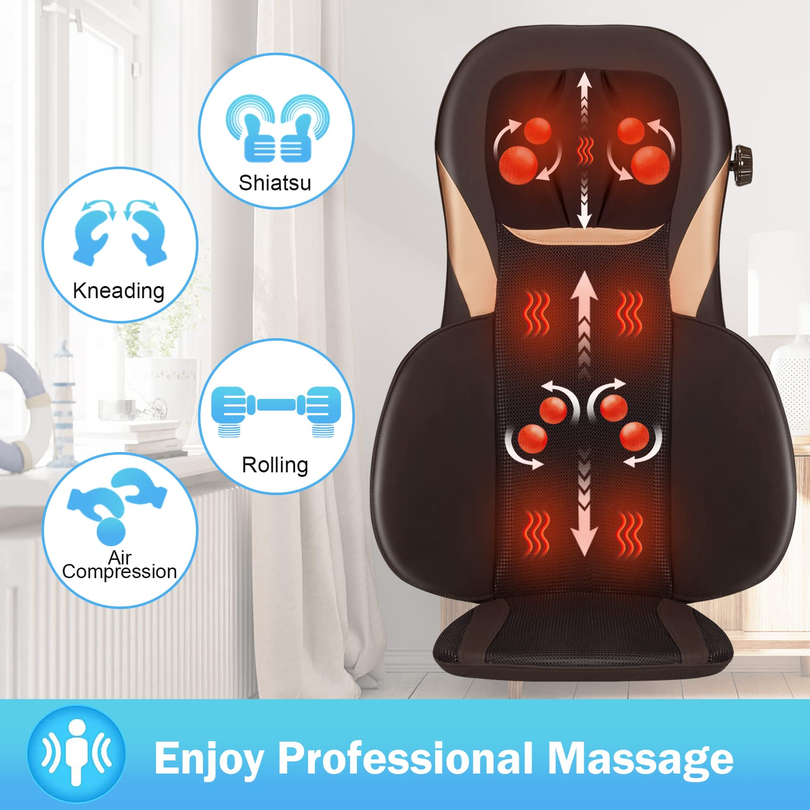 Massage Chair Cushion with Heat, Kneading & Rolling