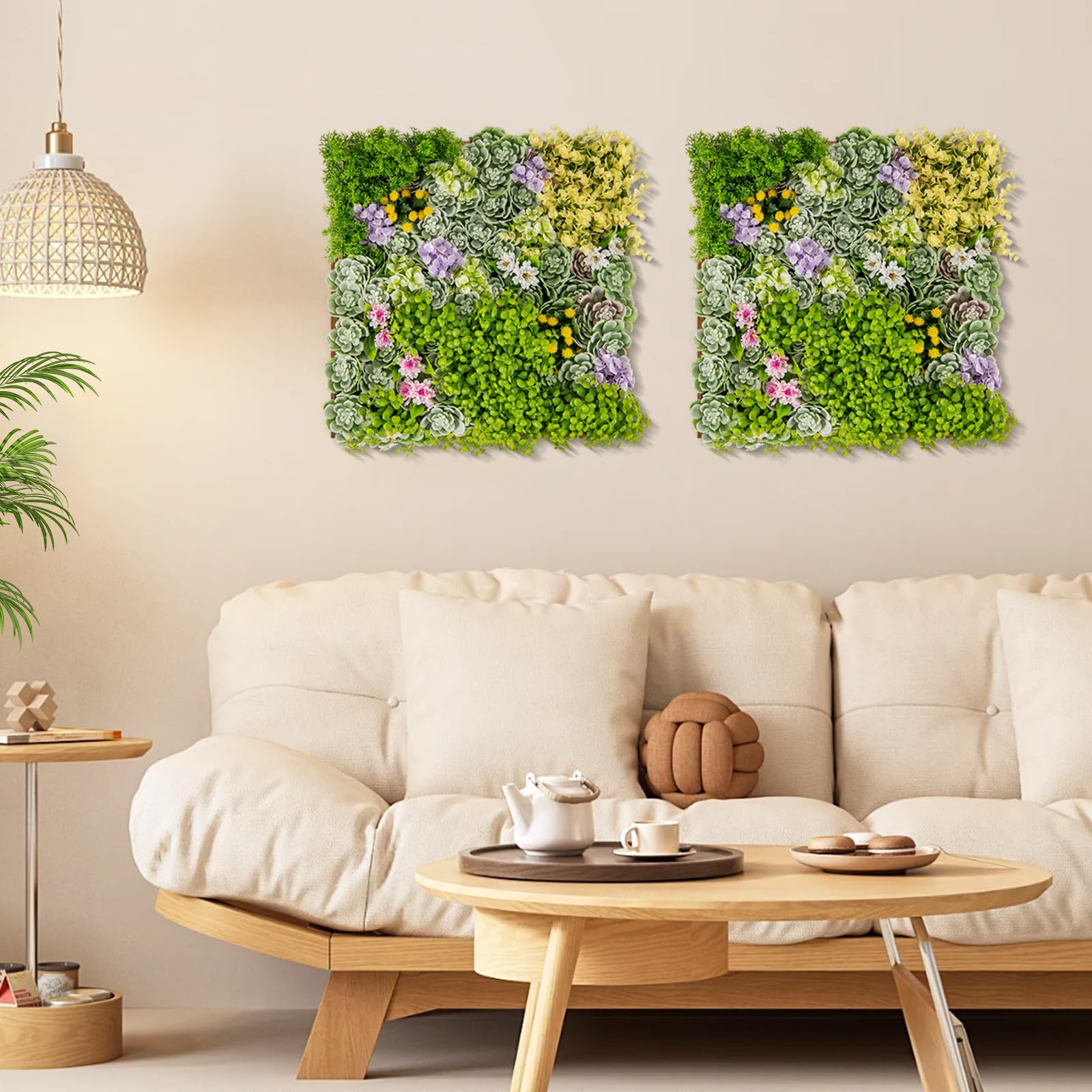 Giantex 2 Pack Hanging Artificial Plants Panels, 20" x 20" Square Framed 3D Greenery Wall Art Decor