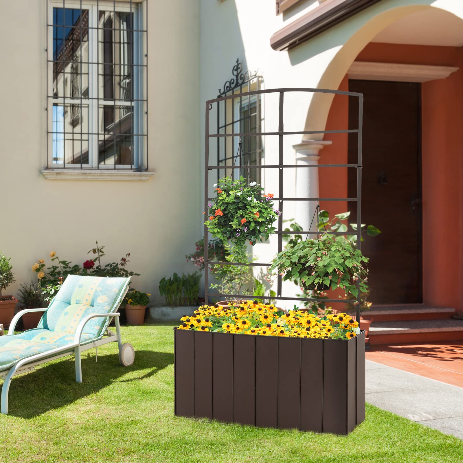 Giantex Raised Garden Bed with Trellis, Vertical Bed Box with Lattice for Vine Flowers Climbing or Hanging