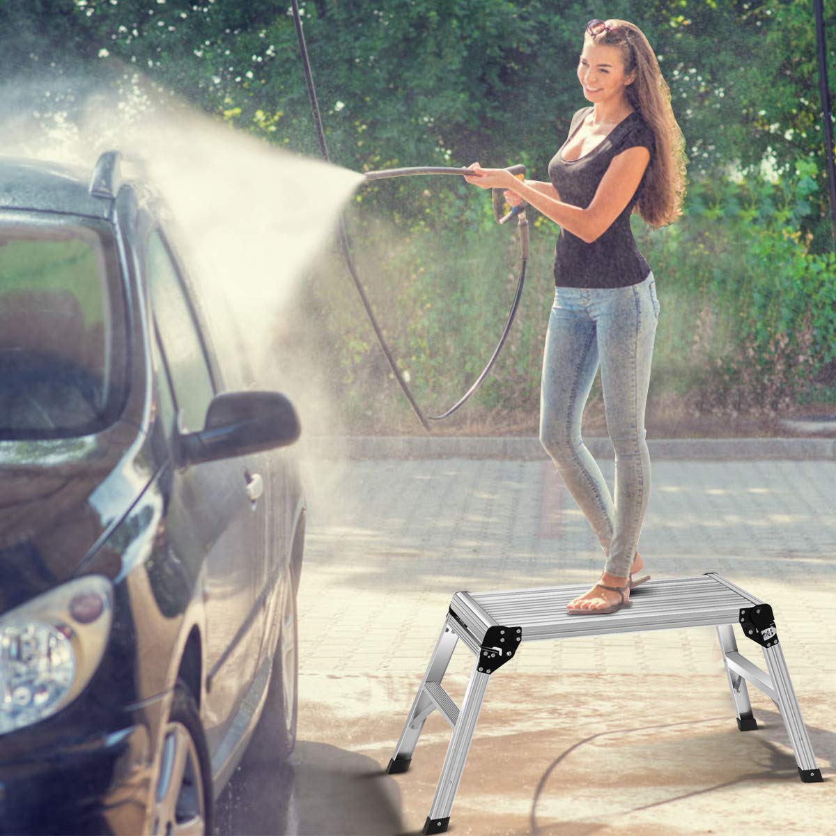 Giantex Capacity 330 LBS Heavy Duty Portable Bench Folding Ladders Stool w/Non-Slip Mat (Silver)