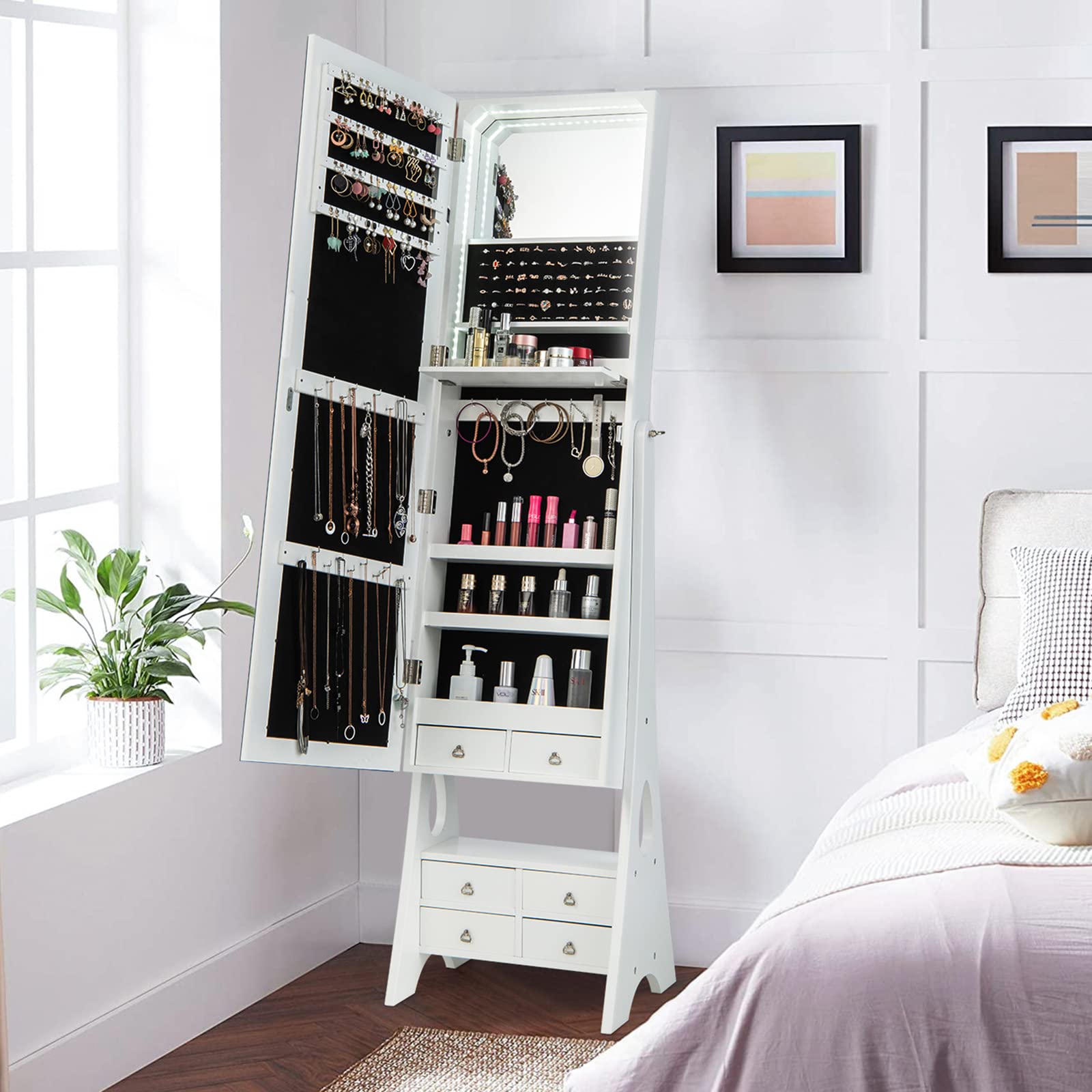 CHARMAID Jewelry Cabinet with LED Light Strip, Floor Jewelry Armoire with High Full Length Mirror