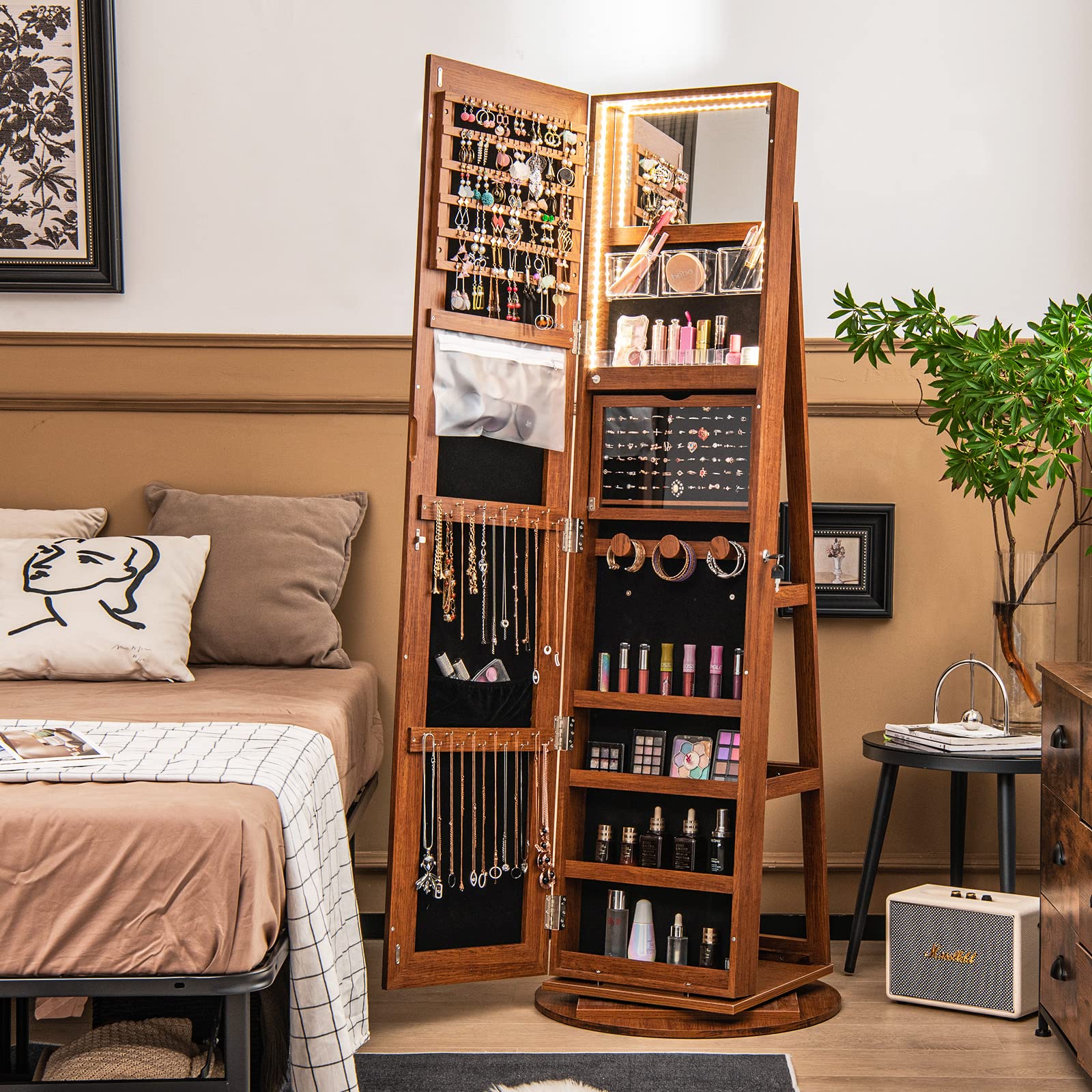 CHARMAID 63.5"H Jewelry Armoire with Full Length Mirror 360 Degree Swivel, 3-Color LED lights