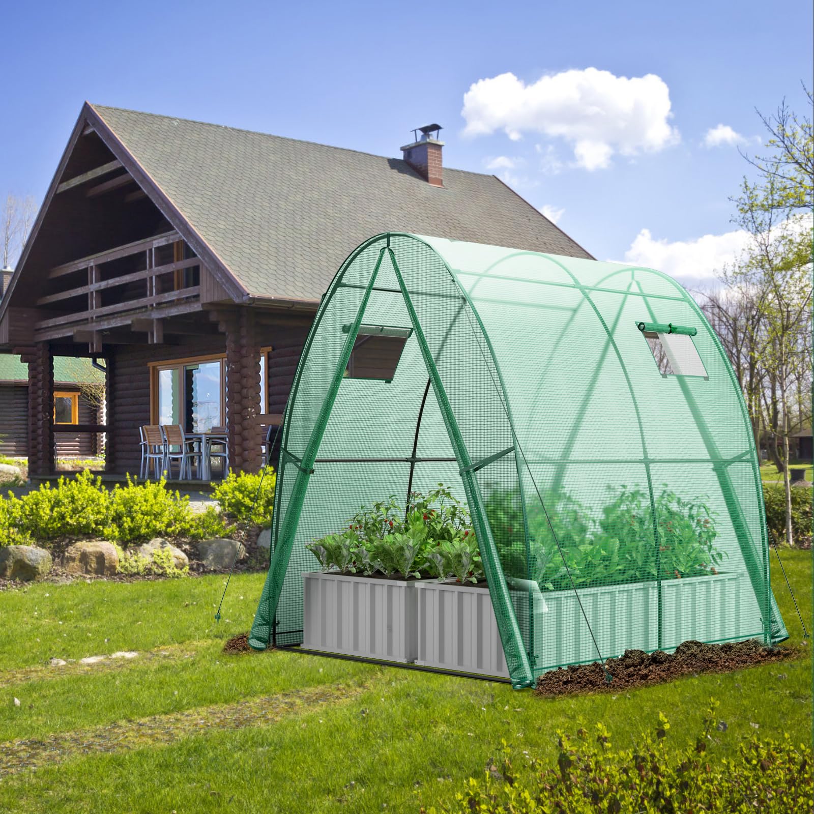 Giantex 6x6x6.6 FT Greenhouse, Outdoor Wall-in Tunnel Greenhouse with Ground Stakes, Rope, 2 Zippered Doors