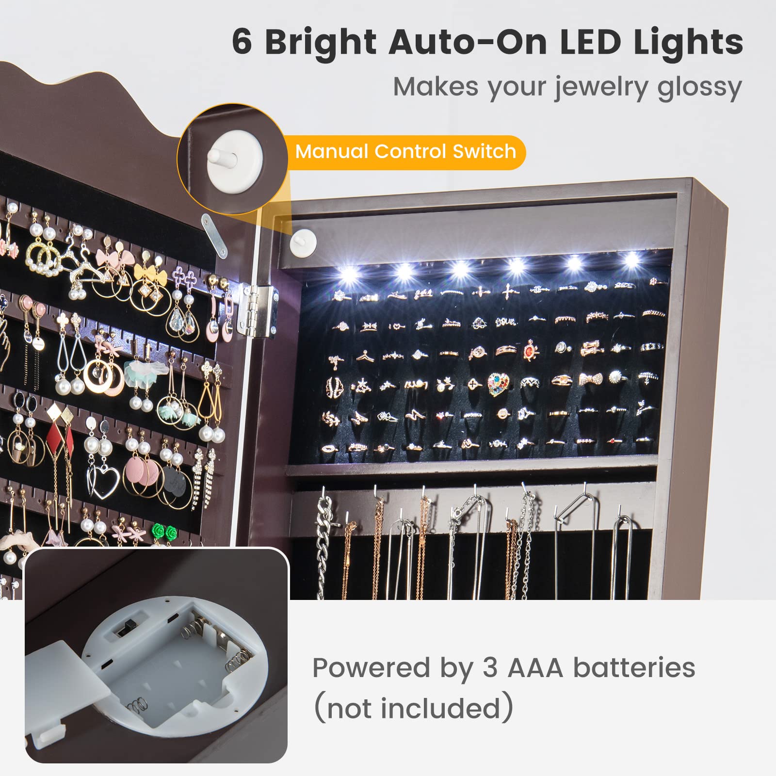 CHARMAID 6 LEDs Rolling Jewelry Cabinet with High Full Length Mirror, Lockable Standing Jewelry Armoire with Wheels