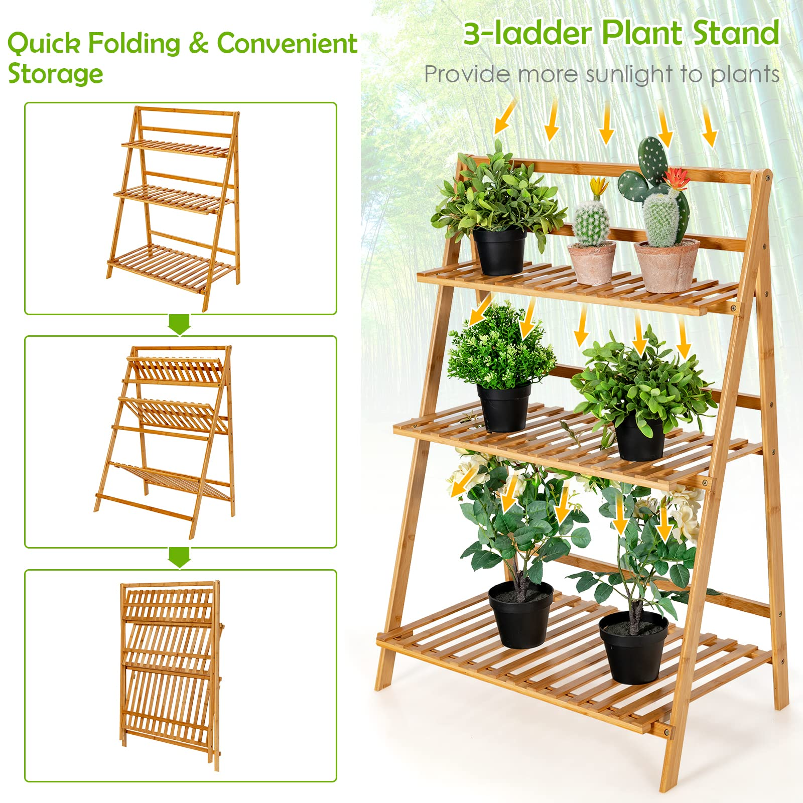 Giantex 3 Tier Folding Storage Shelf, Bamboo Ladder Plant Stand